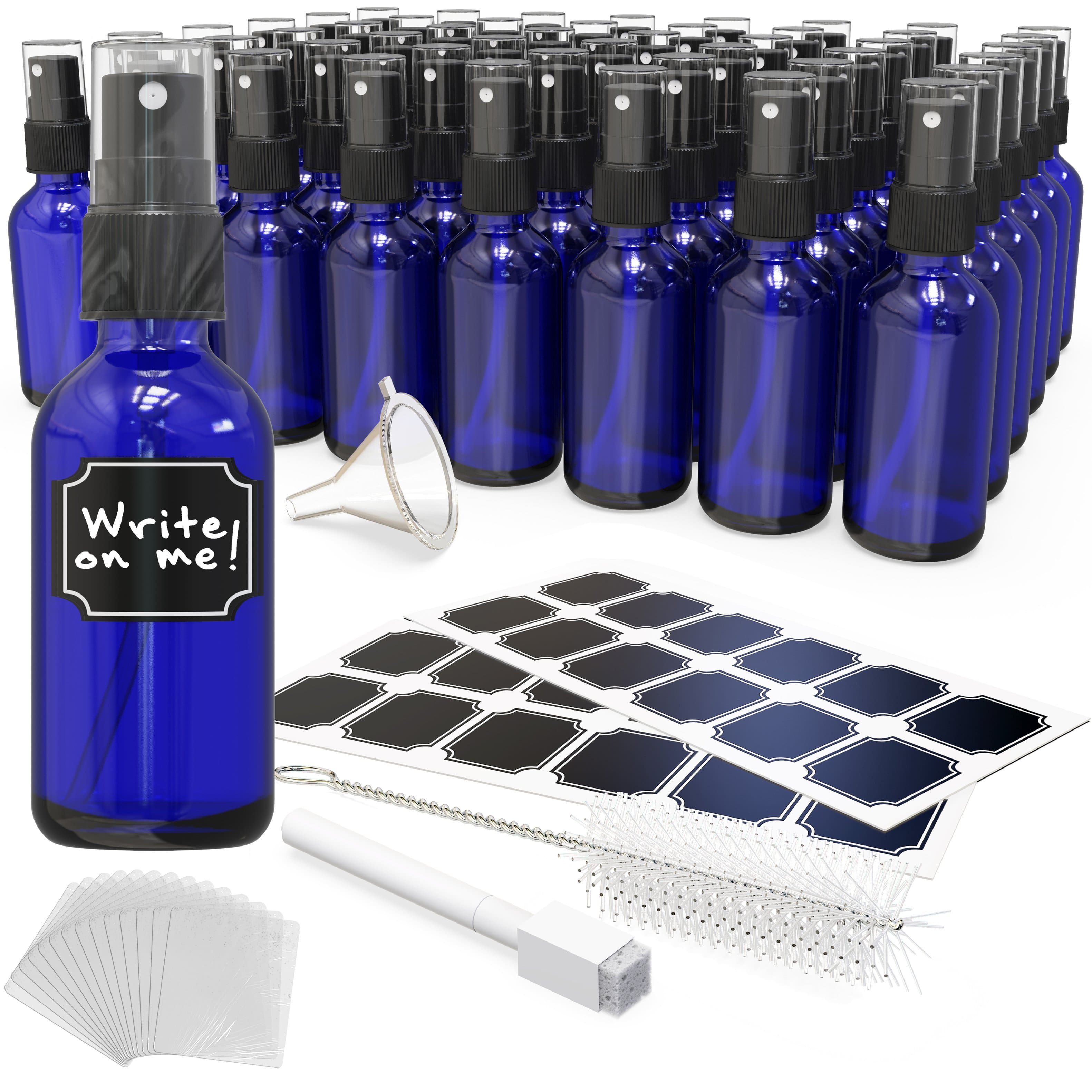 Nevlers - 2 Oz. Blue Glass Spray Bottles with Funnel, Brush, Shrink Wrap, Marker and Labels (Pack of 48)