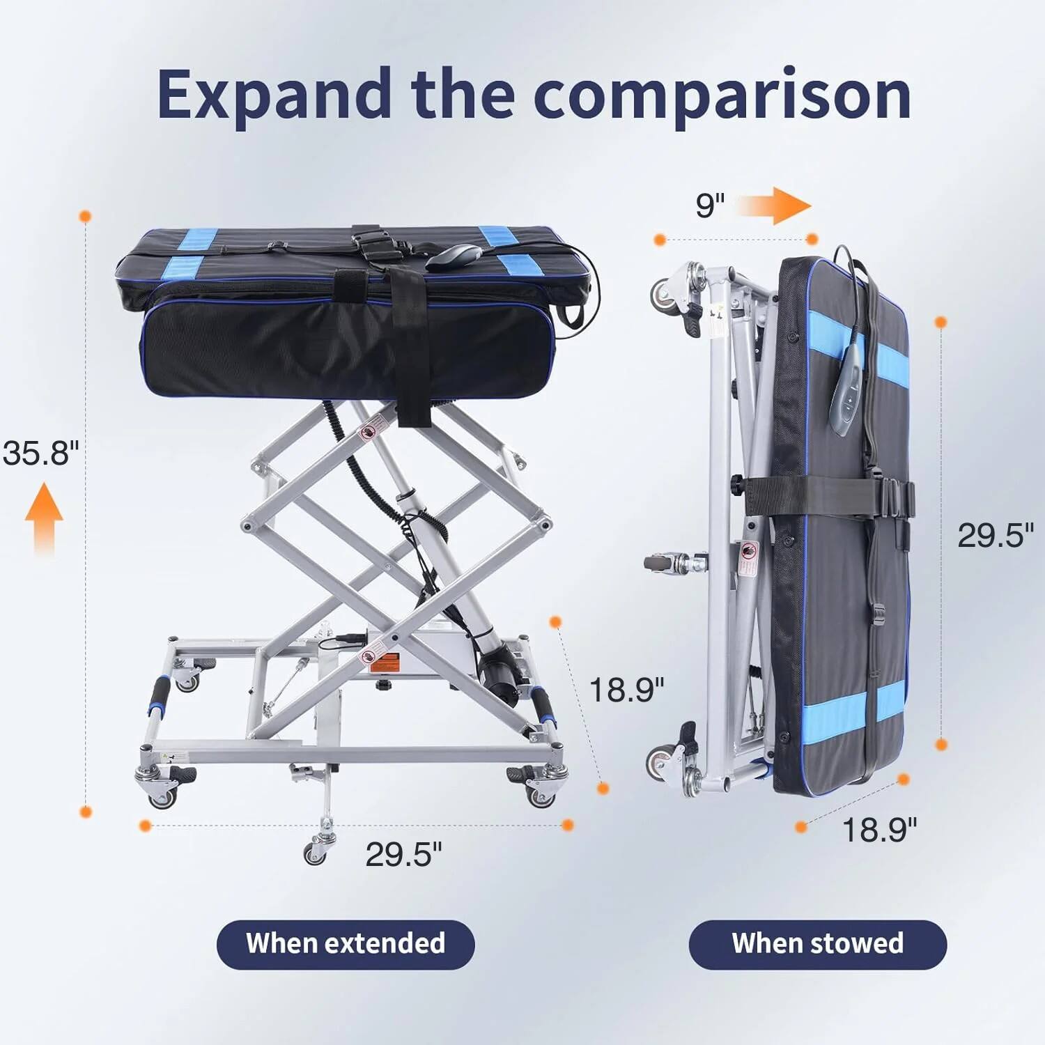 Expand the comparison

When extended
- 35.8"
- 29.5"
- 18.9"

When stowed
- 29.5"
- 18.9"
- 9"