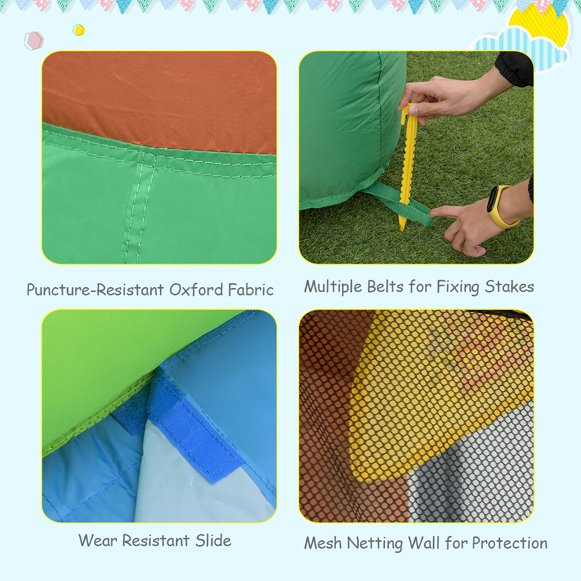 1. Puncture-Resistant Oxford Fabric
2. Multiple Belts for Fixing Stakes
3. Wear Resistant Slide
4. Mesh Netting Wall for Protection