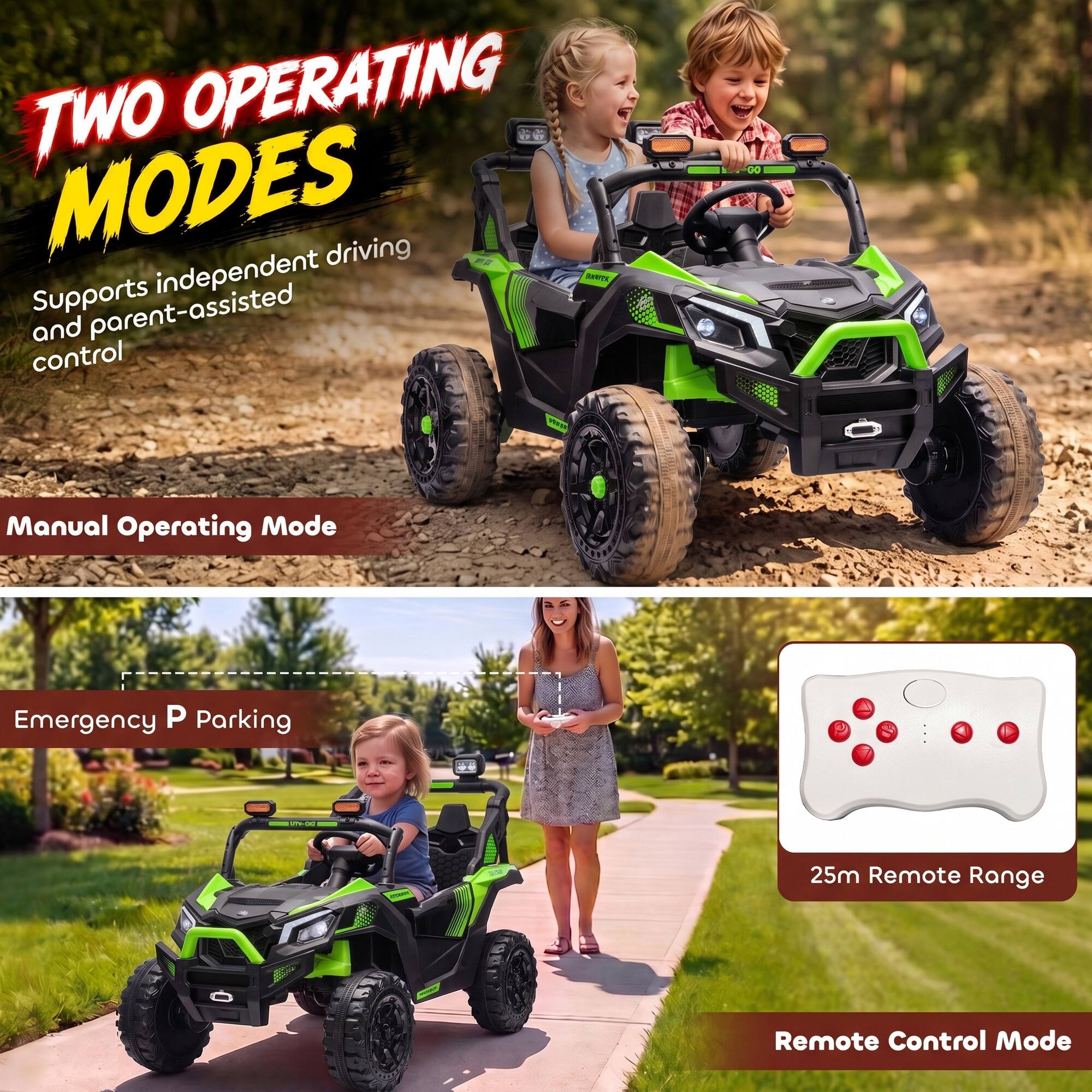 TWO OPERATING MODES  
Supports independent driving and parent-assisted control

Manual Operating Mode

Emergency P Parking

25m Remote Range

Remote Control Mode