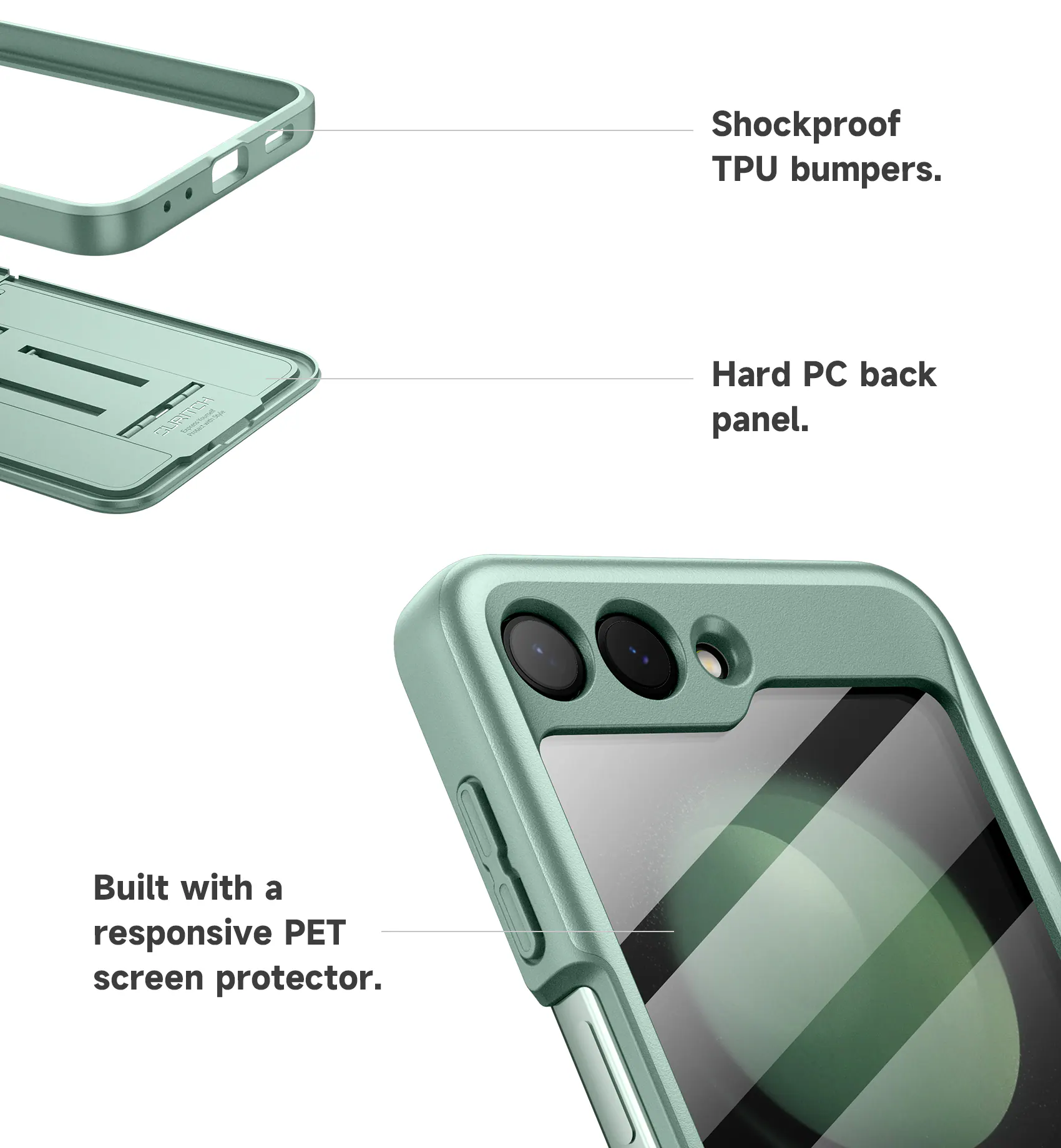Shockproof TPU bumpers.  
Hard PC back panel.  
Built with a responsive PET screen protector.
