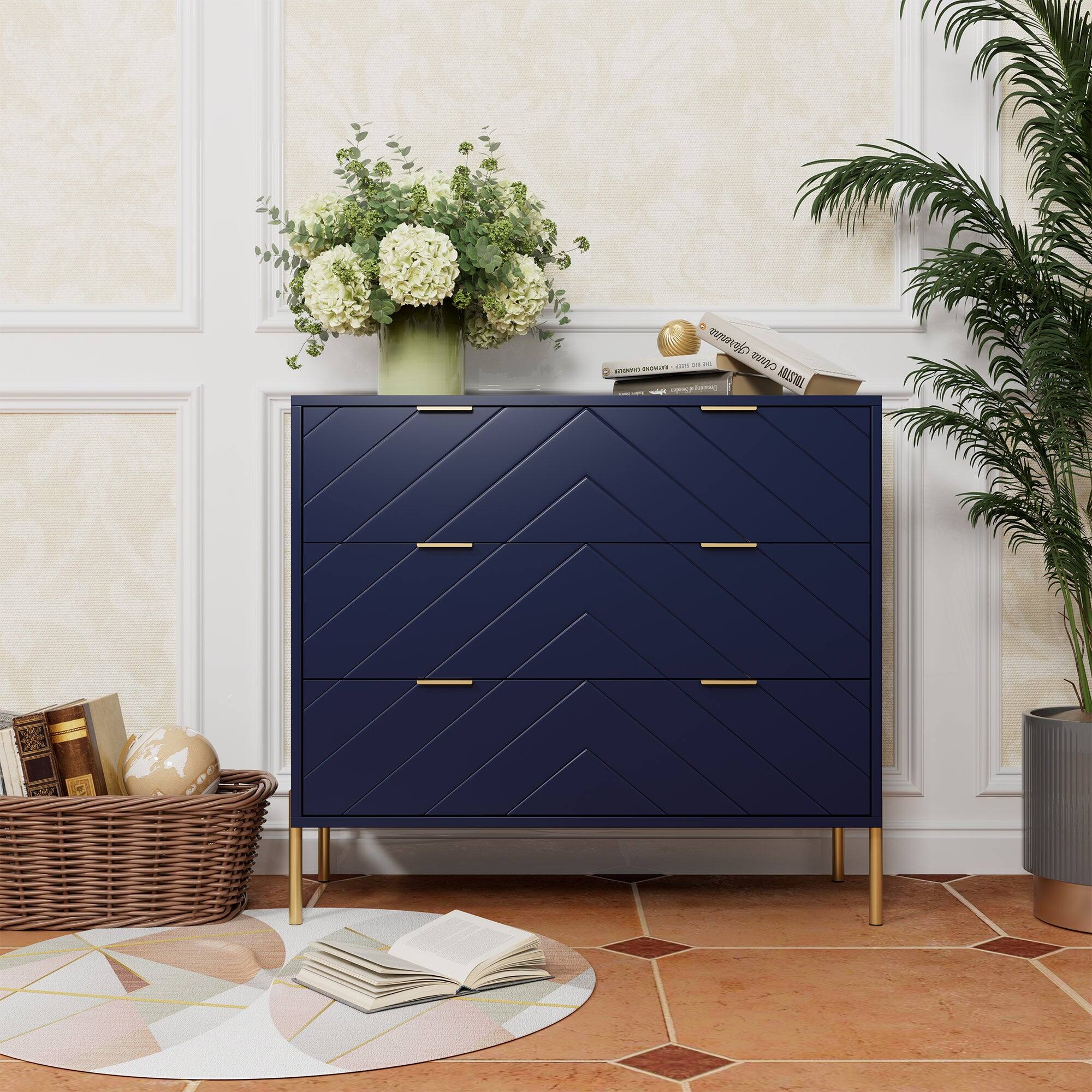 Alt View 4. Boyel Living - Modern 3 Drawer Dresser Chest with Gold Metal Legs - Blue.