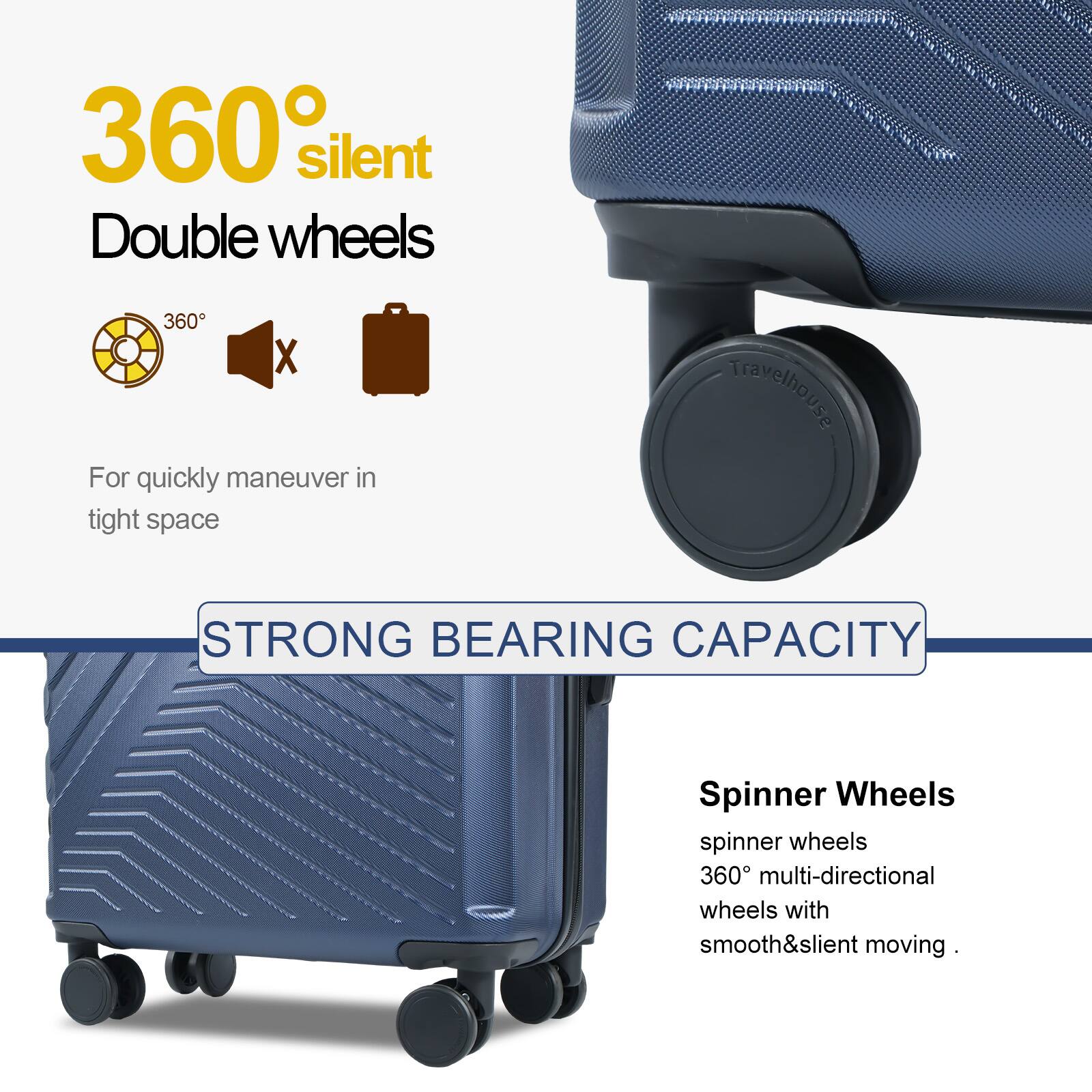 360° silent Double wheels  
For quickly maneuver in tight space  

STRONG BEARING CAPACITY  

Spinner Wheels  
spinner wheels  
360° multi-directional wheels with smooth&silent moving