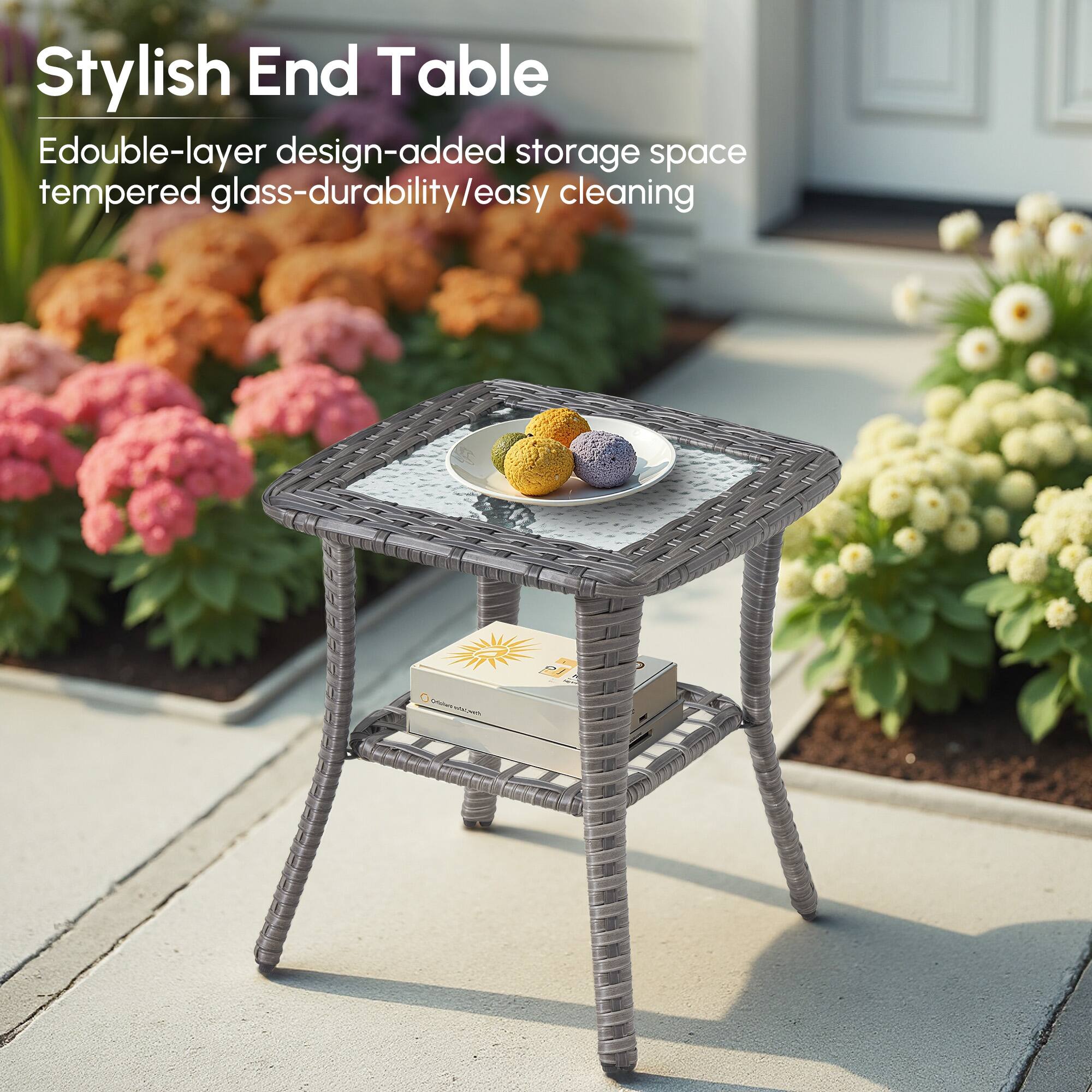 Stylish End Table  
Edouble-layer design-added storage space tempered glass-durability/easy cleaning