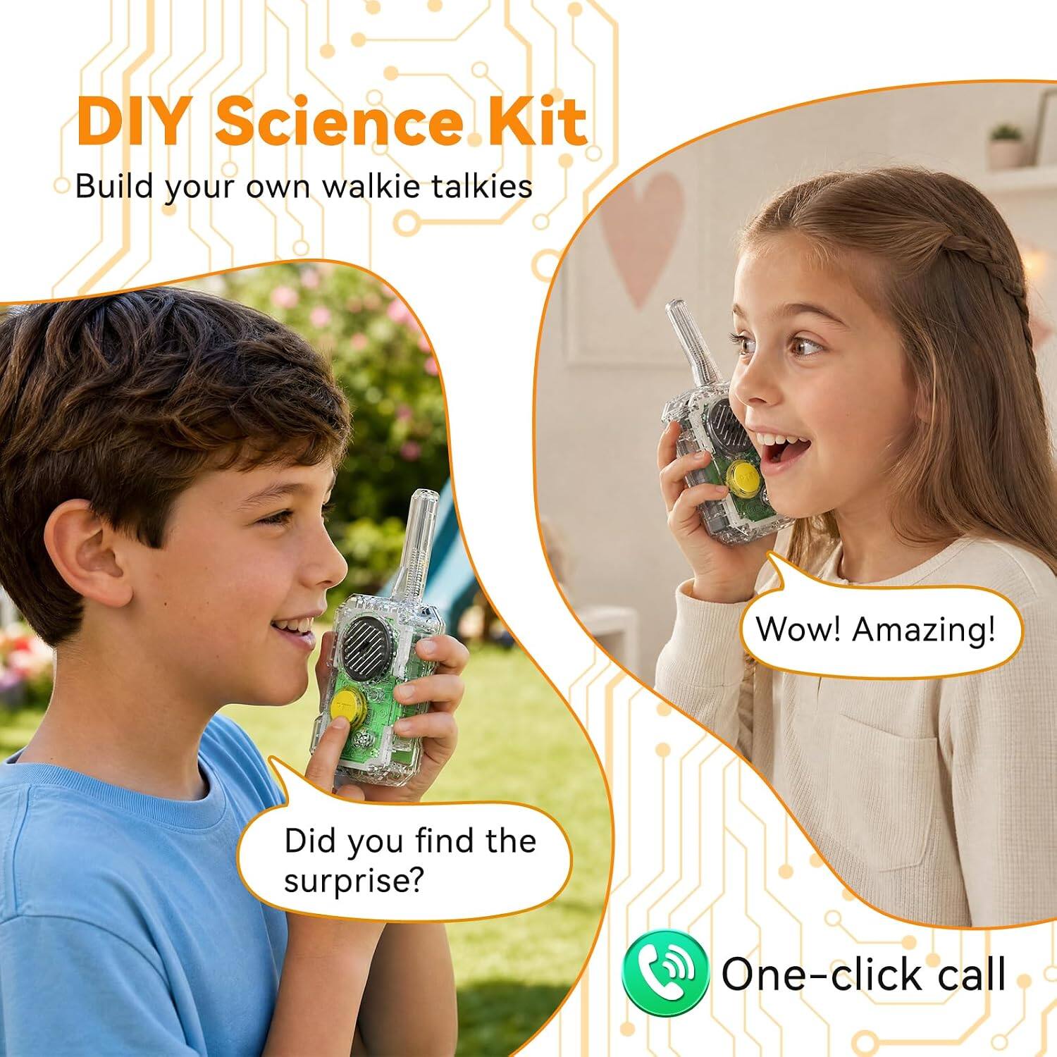 DIY Science Kit  
Build your own walkie talkies  

Wow! Amazing!  
Did you find the surprise?  

One-click call