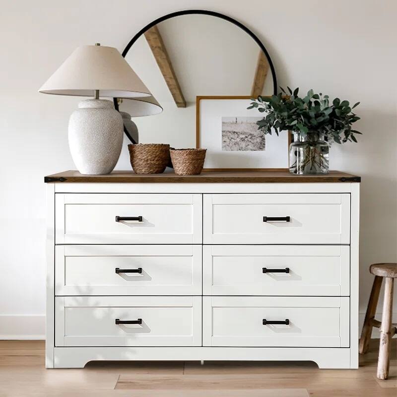 Angle. Koligey - 6-Drawer Dresser 54"W Double Dresser With Rustic Top Panel - white.