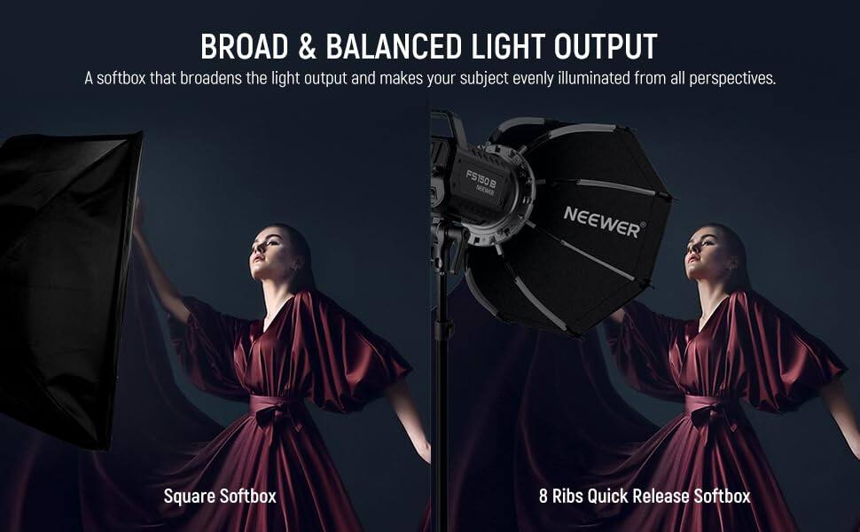 BROAD & BALANCED LIGHT OUTPUT  
A softbox that broadens the light output and makes your subject evenly illuminated from all perspectives.  

FS150B  
NEEWER  
Square Softbox  
8 Ribs Quick Release Softbox