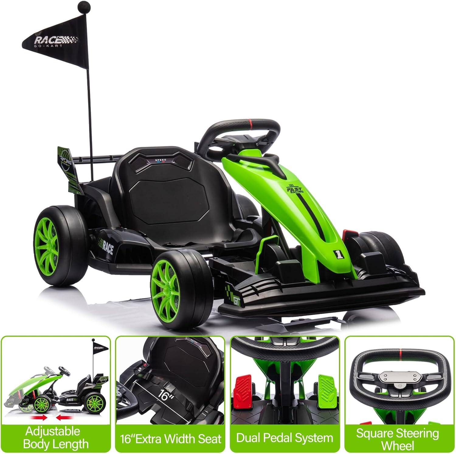 RACE GO-KART

1. Adjustable Body Length
2. 16" Extra Width Seat
3. Dual Pedal System
4. Square Steering Wheel