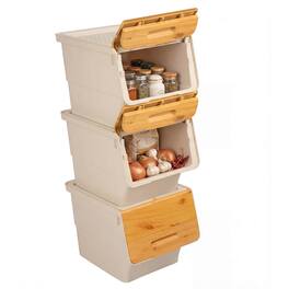 Costway - 3 PCS Storage Bins on Wheels with Stay-Open Lid for Kitchen Bedroom Laundry Closet - White + Natural
