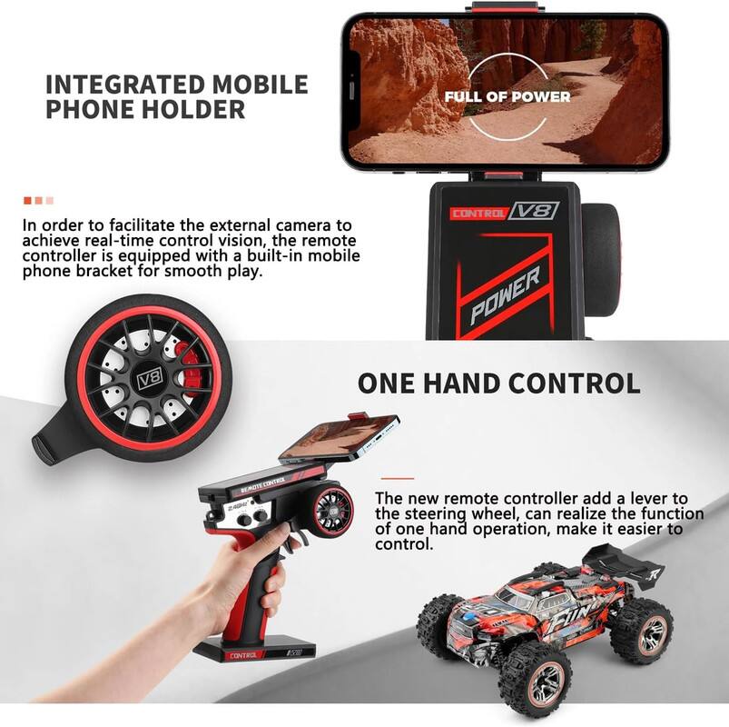 **INTEGRATED MOBILE PHONE HOLDER**

In order to facilitate the external camera to achieve real-time control vision, the remote controller is equipped with a built-in mobile phone bracket for smooth play.

---

**FULL OF POWER**

---

**ONE HAND CONTROL**

The new remote controller adds a lever to the steering wheel, can realize the function of one-hand operation, making it easier to control.