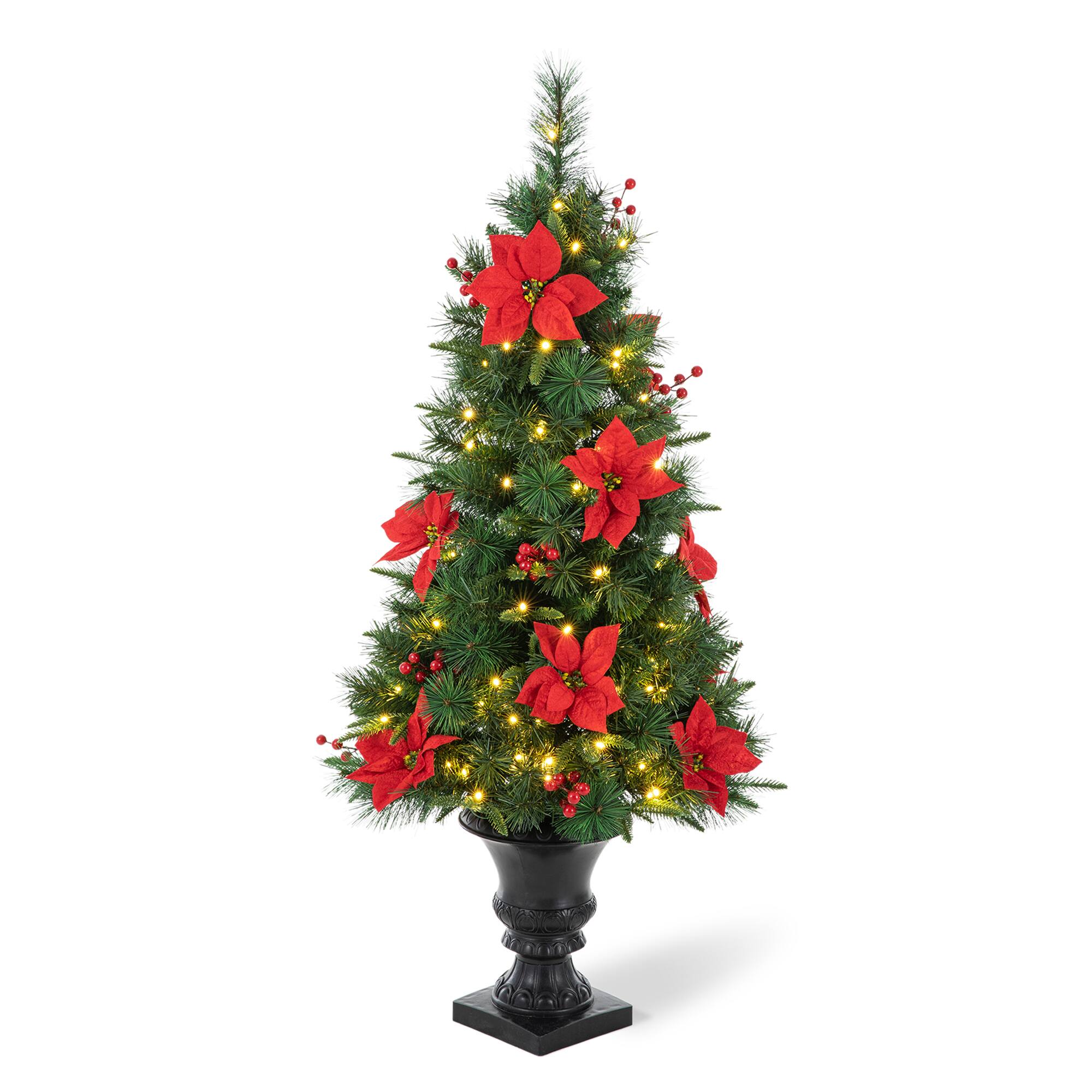 Angle. Glitzhome - 4ft Pre-Lit Pine Artificial Christmas Porch Tree with 100 Warm White Lights, Poinsettia and Red Berries - Green.