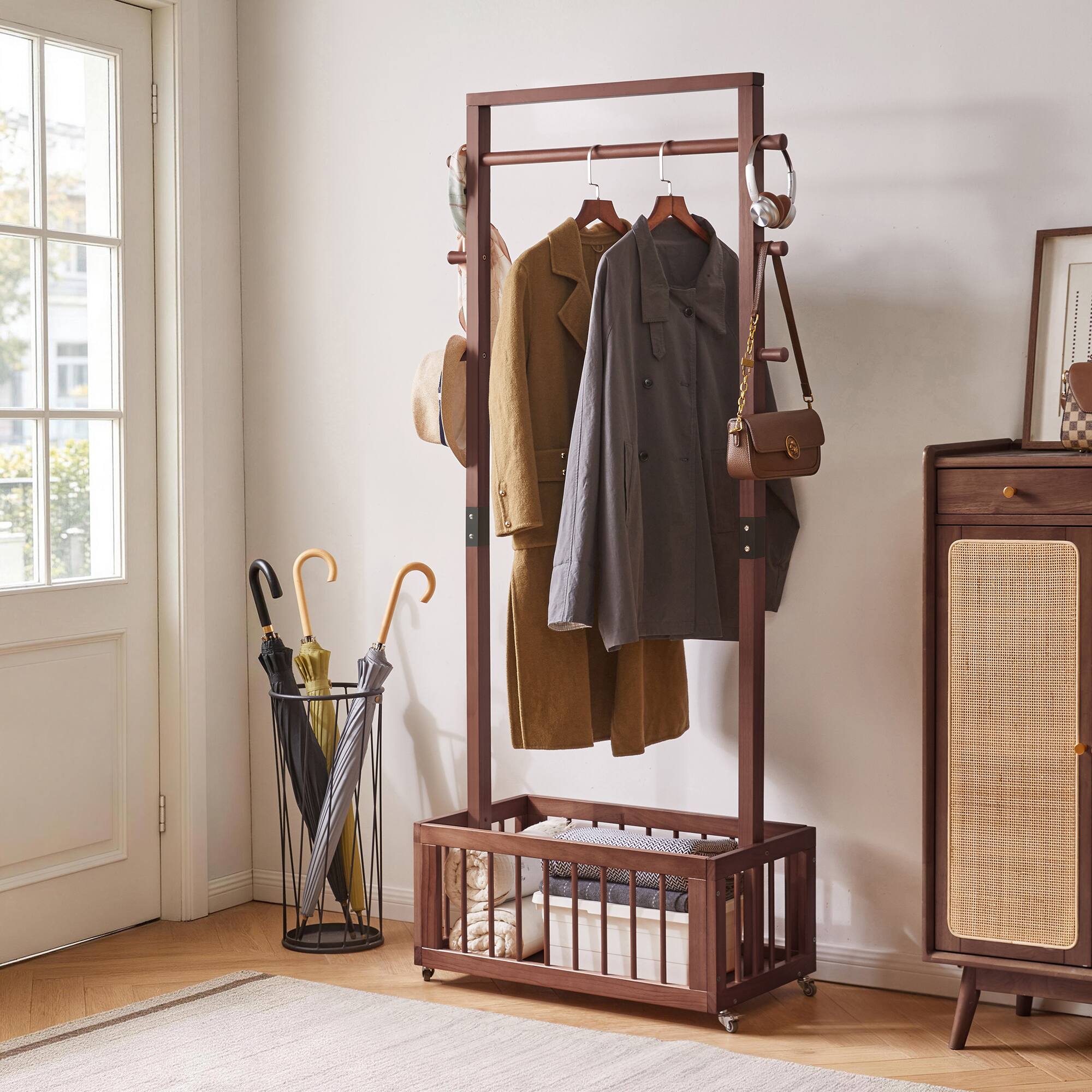 MERAVOM Solid Wood Freestanding Coat Rack with Rolling Wheels & Storage ...