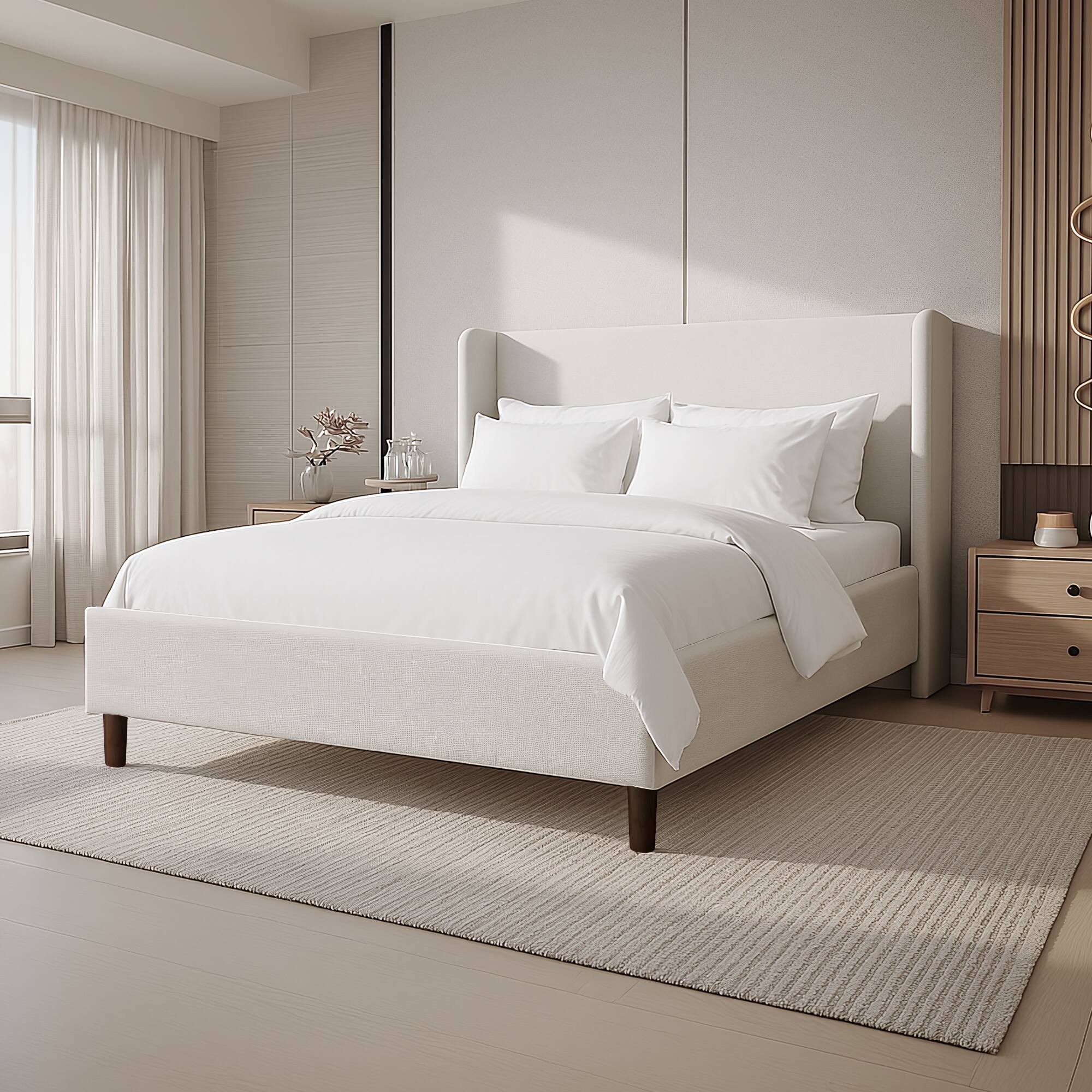 Front. Brick Attic - 1000lbs Upholstered Wingback Platform Bed Frame with Detachable Legs- Solid Wood, Cat-Scratch Resistant Fabric - White.