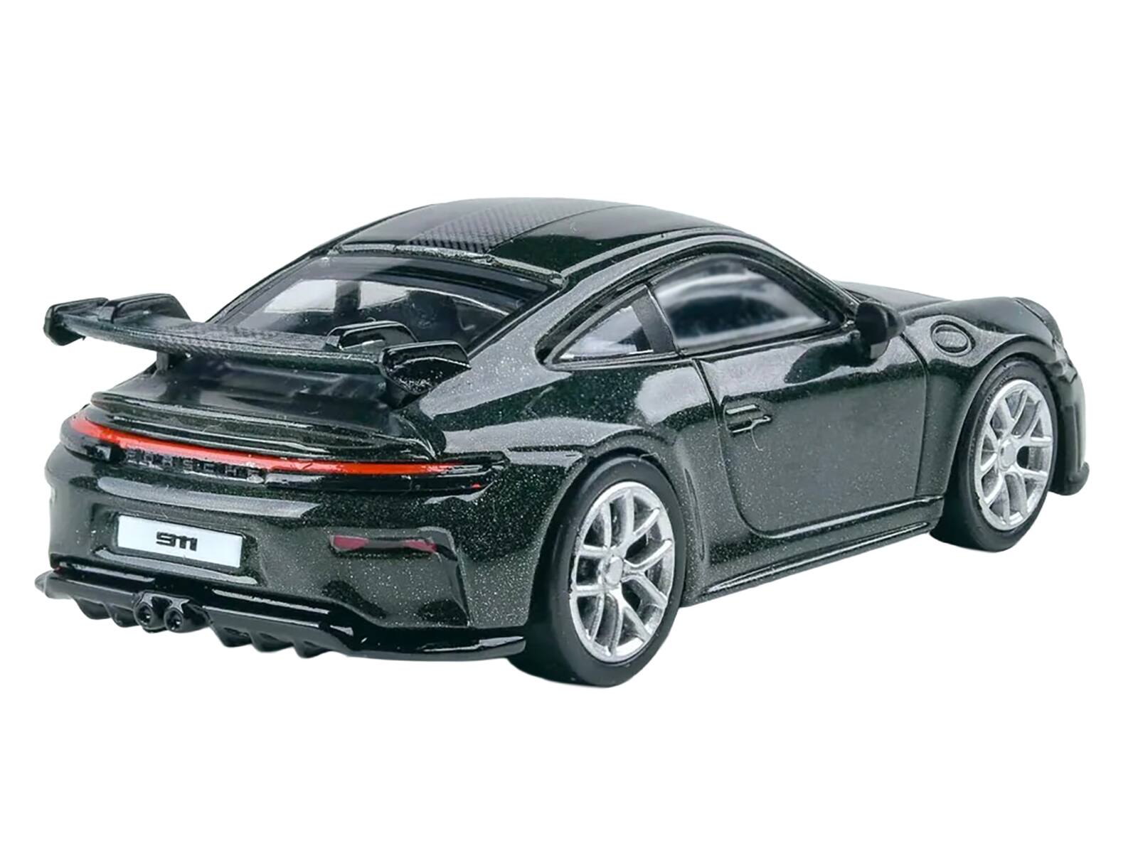 Left. Paragon - 2025 Porsche 911 GT3 (992.2) Oak Green Metallic Neo with Carbon Stripe 1/64 Diecast Model Car by Paragon - Oak Green Metallic.