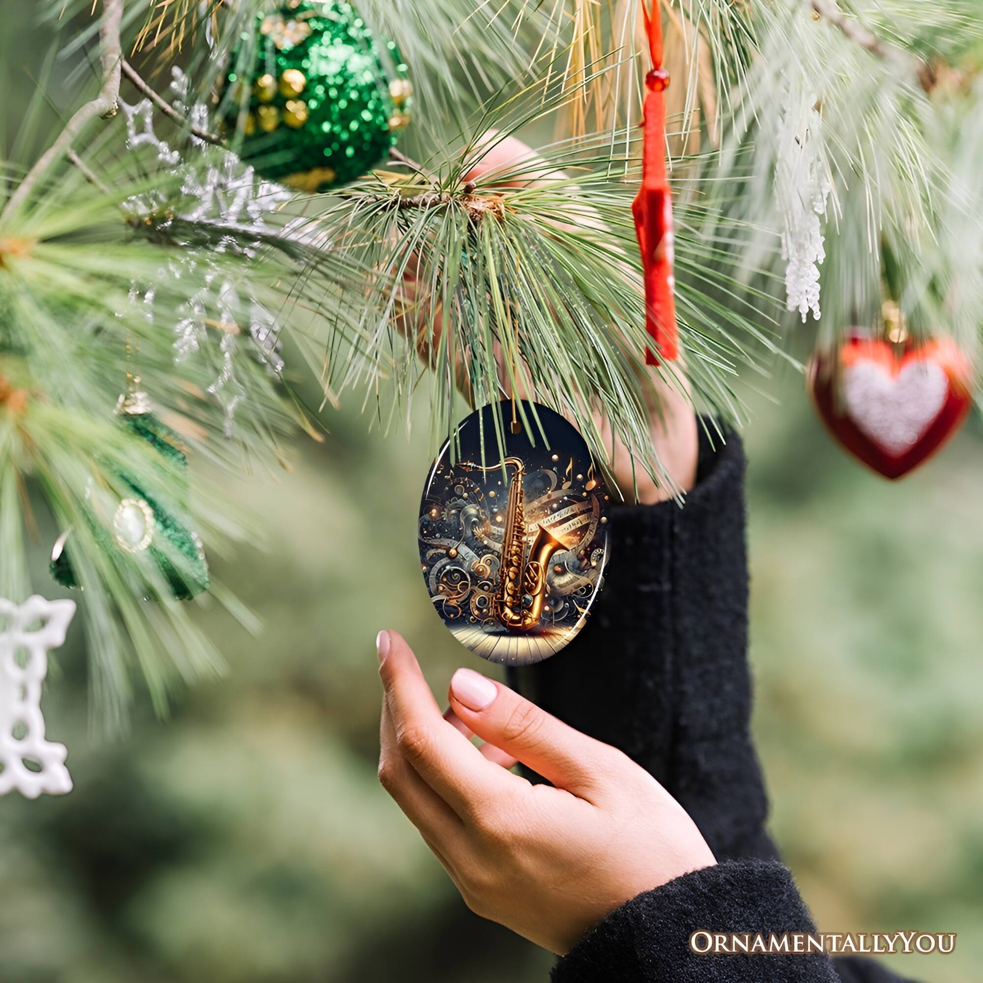 Alt View 1. OrnamentallyYou - Enchanting Melodic of an Elegant Saxophone Ceramic Ornament Saxophonist Musician Gift - Multi-colored.