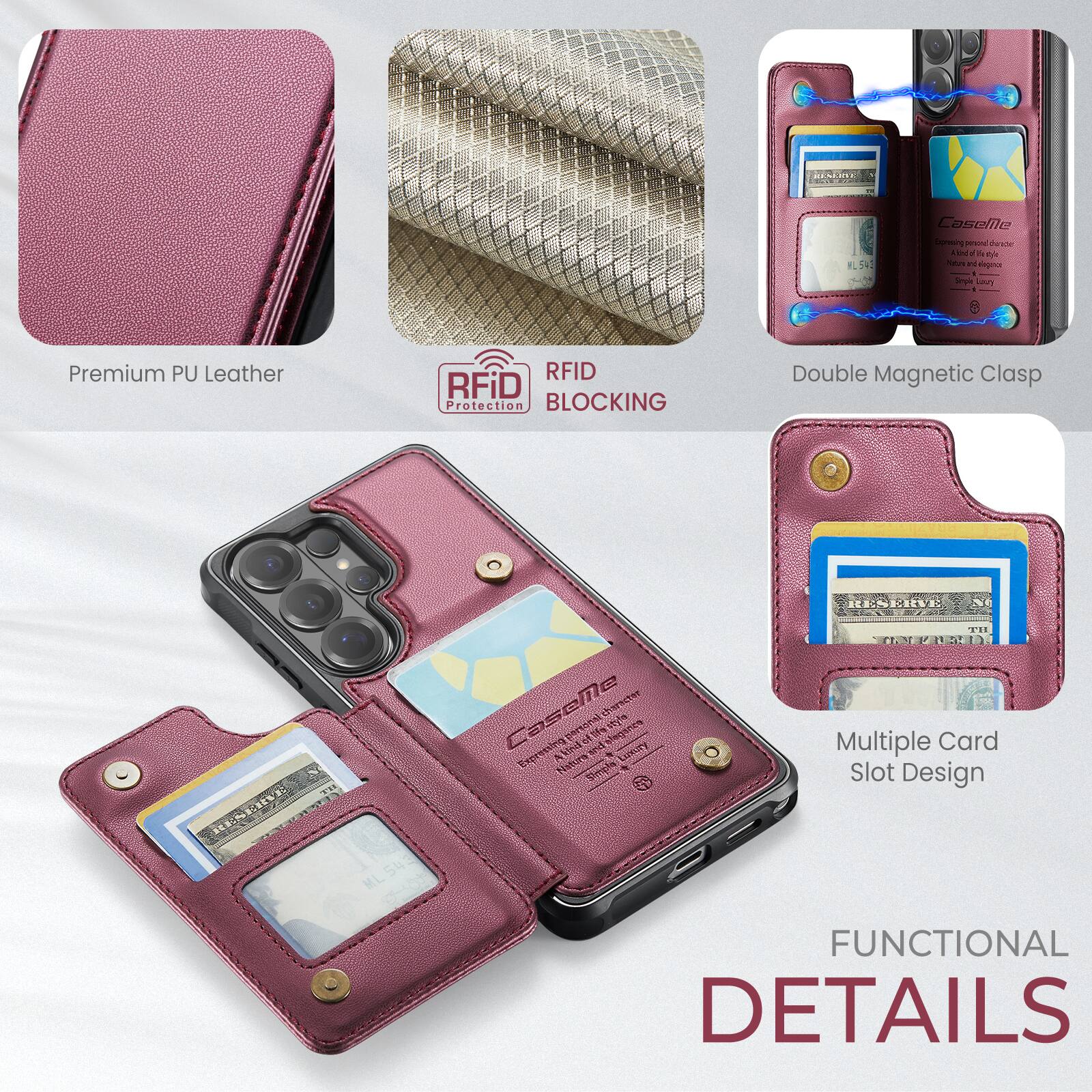 L54 Caselle Sereesing p 1 Ai a i a Nava I d Si . Premium PU Leather RFID RFiD Protection BLOCKING Double Magnetic Clasp 1 RENEEX BESC ML543 CaseMle haacter peroal 10% A AVe and blegercs napenting Nature Lcery Simpte FRE Multiple Card Slot Design FUNCTIONAL DETAILS