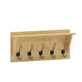 Emma + Oliver - Alcott Rustic Country Wall Mounted Entryway Shelf with 5 Rustic Hooks and Wood Construction - Bamboo