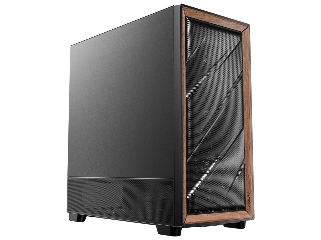Left. Antec - Antec Flux SE Silent Case, Sound-Dampened, Walnut Front, 5 PWM Fans, USB-C, 420mm Radiator, E-ATX Mid Tower - Walnut.