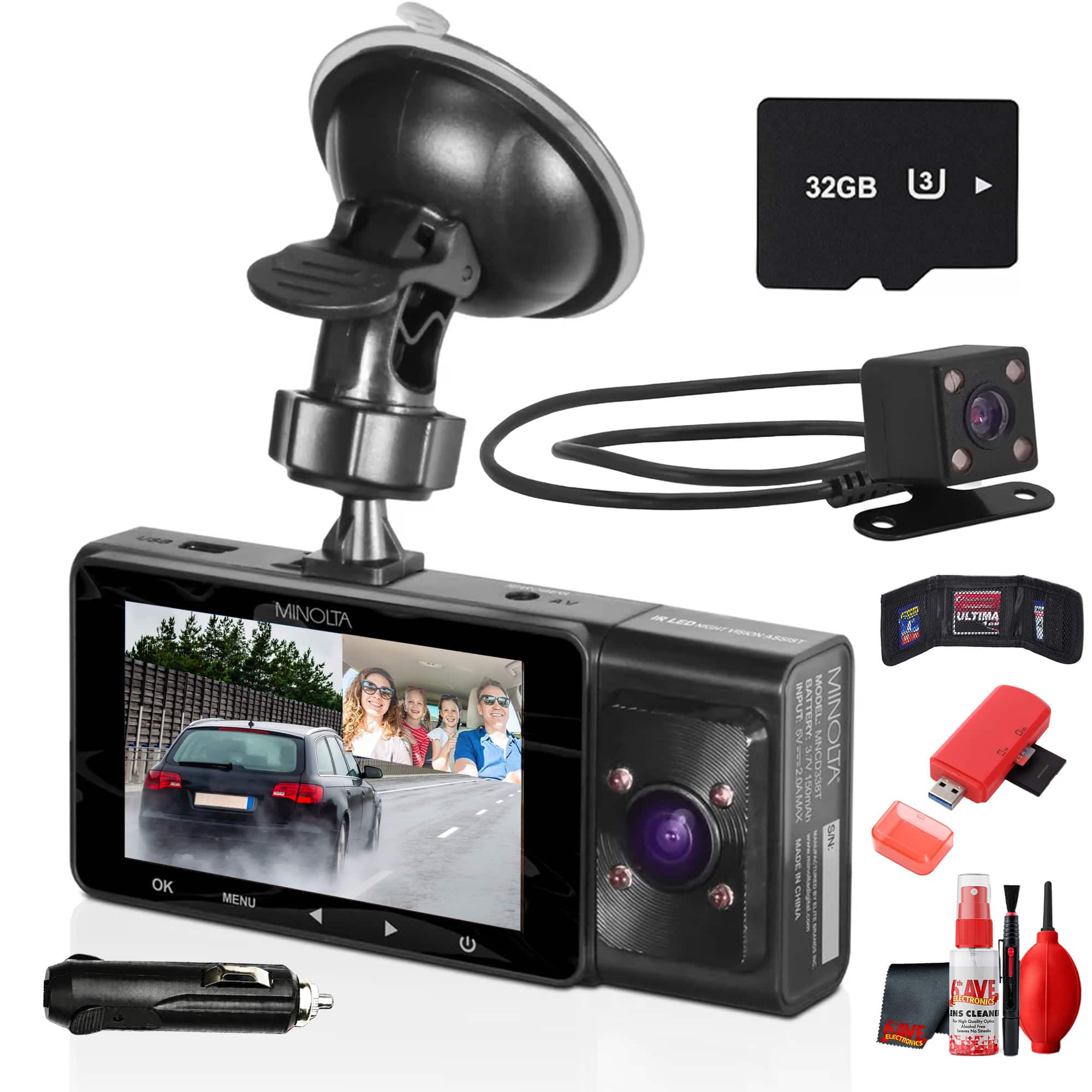 Minolta - MNCD338T 3-Channel Dash Camera (Black) 1080P Full HD Dash Cam with Front, Interior & Rear Cameras, 3.0" LCD Disp