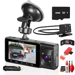 Minolta - MNCD338T 3-Channel Dash Camera (Black) 1080P Full HD Dash Cam with Front, Interior & Rear Cameras, 3.0" LCD Disp