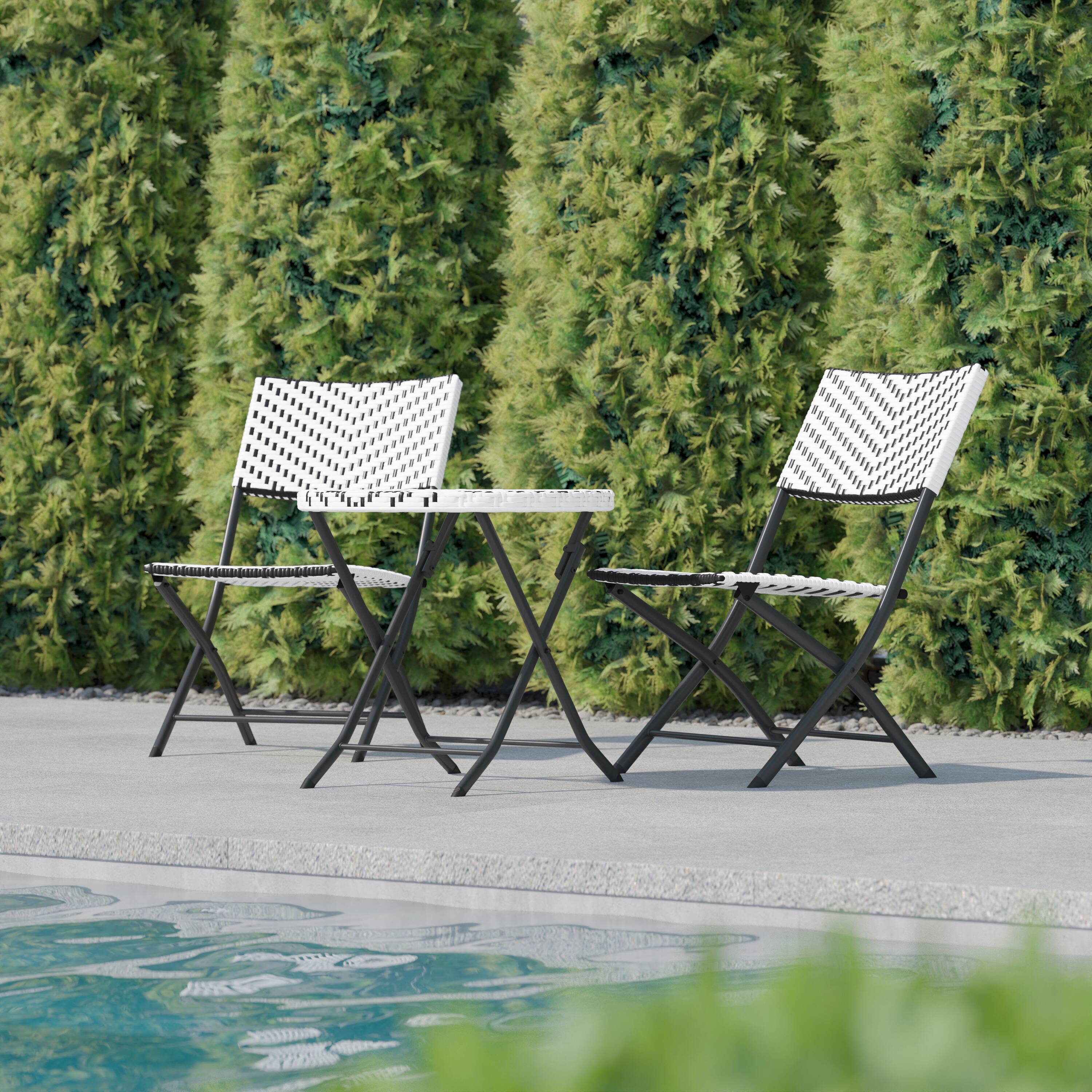 Alt View 1. Flash Furniture - Rouen Three Piece Commercial Grade Foldable Bistro Set, Indoor/Outdoor PE Rattan Back, Seat and Table Top, Black/White w - Black.