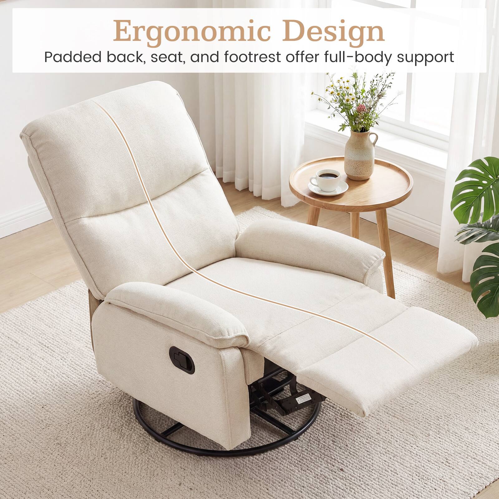 Ergonomic Design  
Padded back, seat, and footrest offer full-body support
