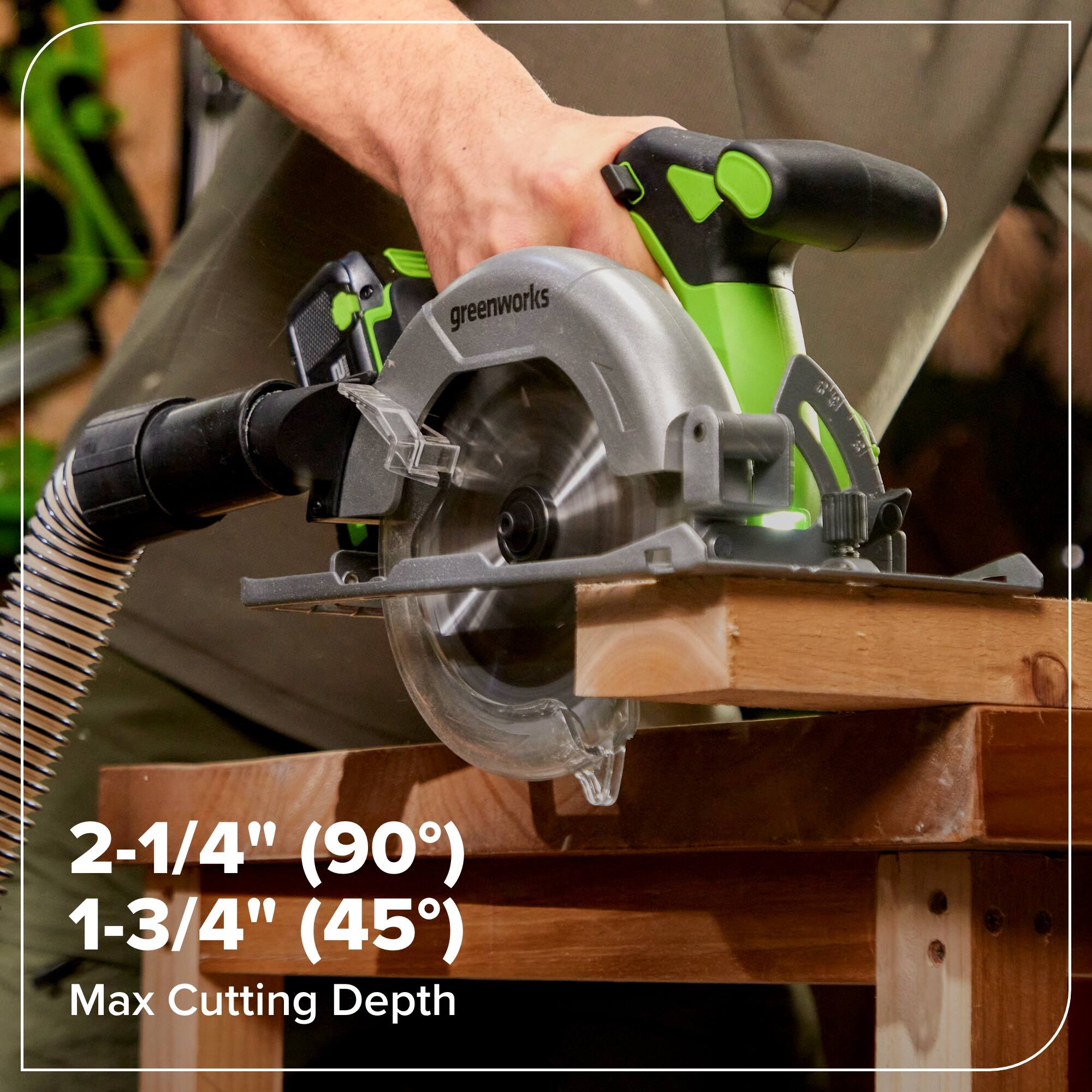 greenworks 2-1/4" (90°) 1-3/4" (45°) Max Cutting Depth