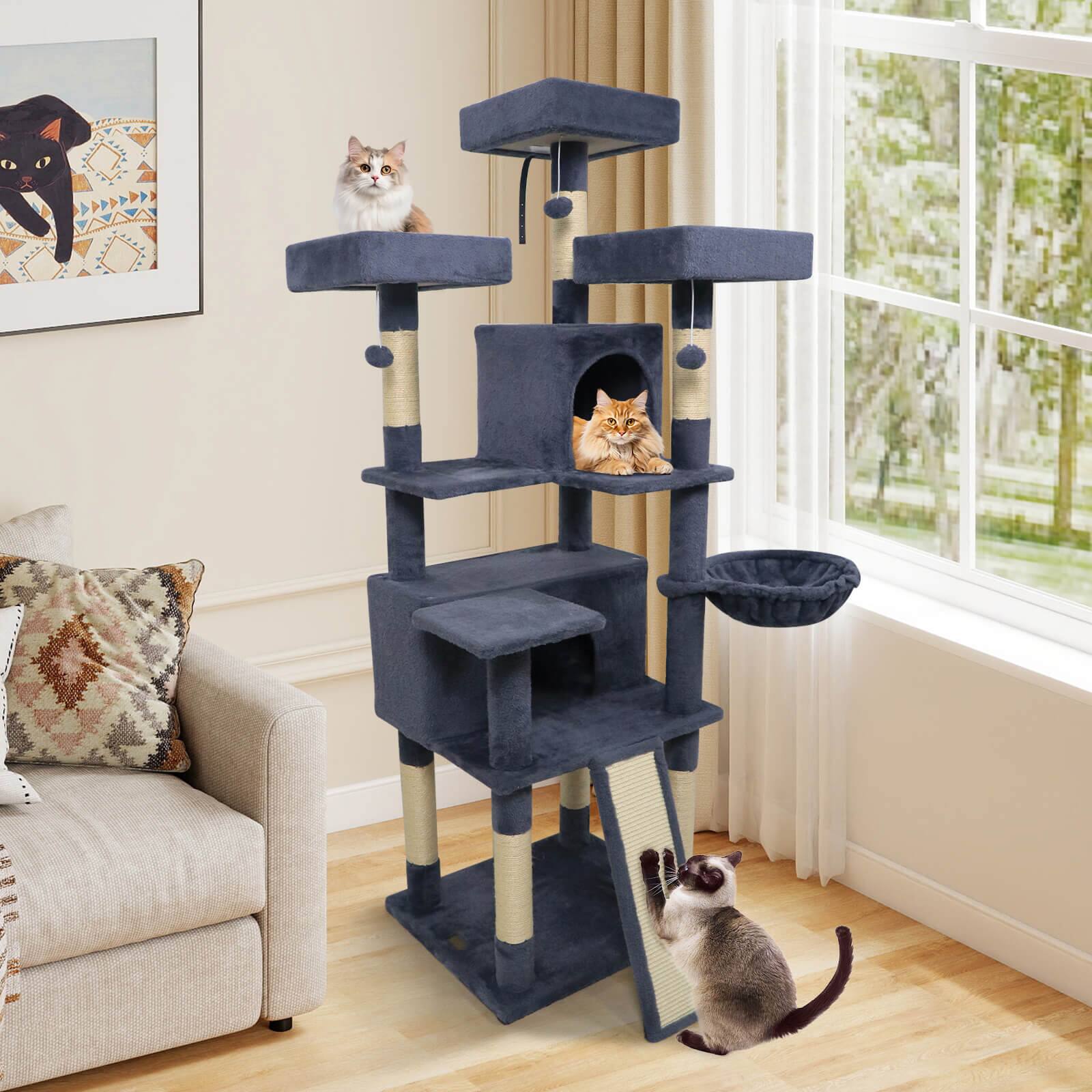 Alt View 3. Costway - Costway 65" Tall Multi-level Cat Tree with 3 Upholstered Top Perch 2 Cat Condos Cat Basket.