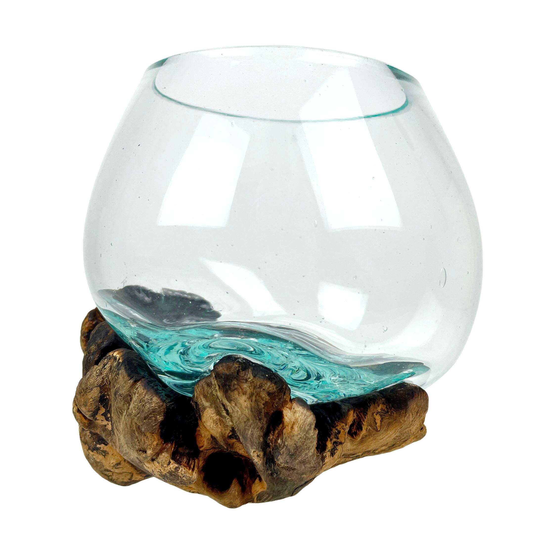 Front. J.D. Yeatts - Melted Glass On Gamal Root Wood Decorative Bowl/Vase/Terrarium Planter - Brown.