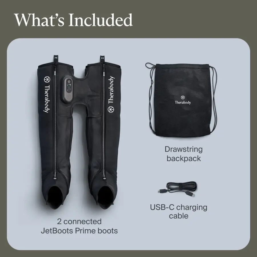 What's Included: Therabody Therabody K, Drawstring Backpack, 2 connected JetBoots Prime boots, USB-C charging cable.
