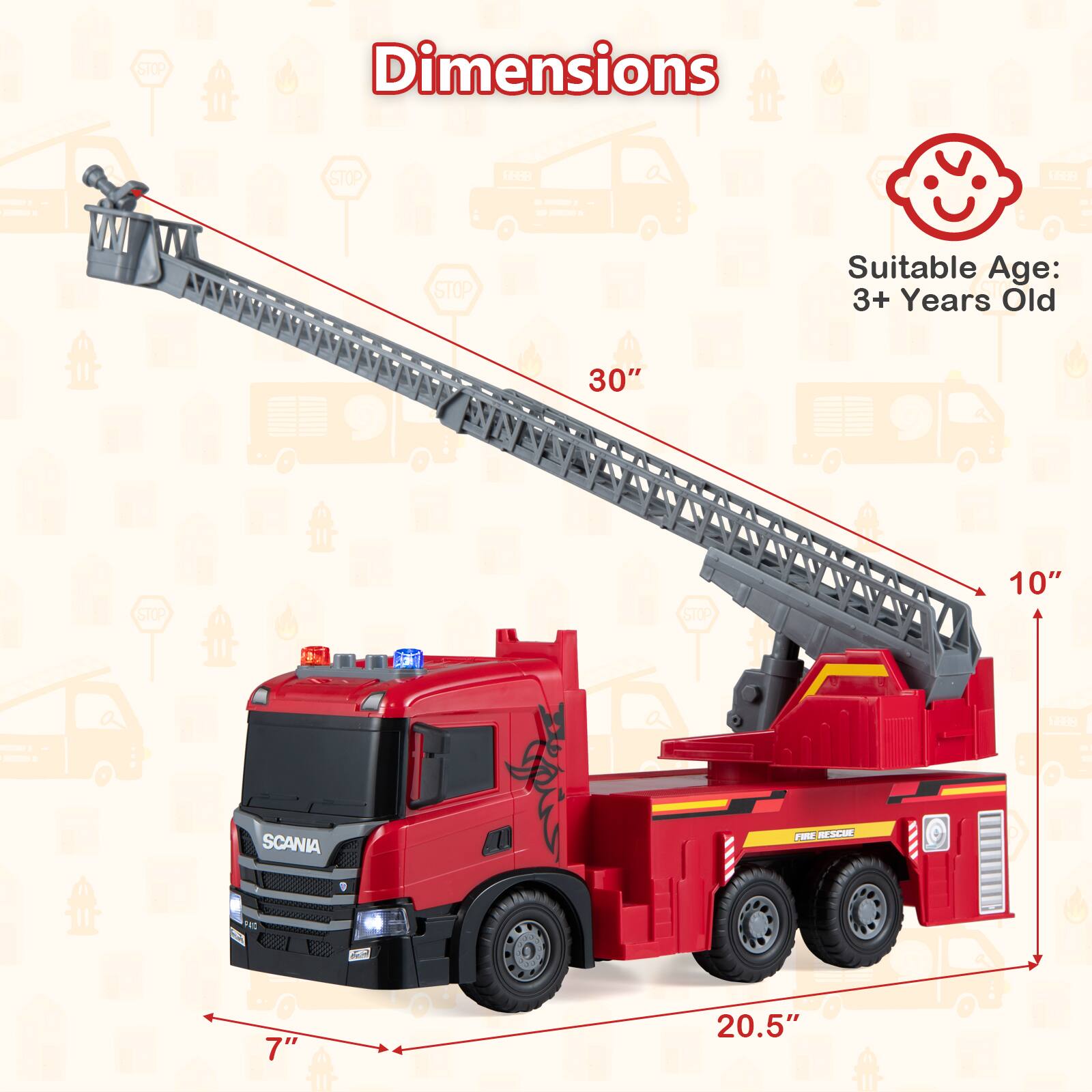 Dimensions  
STOP  
Suitable Age: 3+ Years Old  
30"  
10"  
1888  
SCANIA  
FIRE RESCUE  
D  
FAC  
hid  
7"  
20.5"