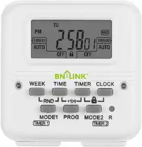 Sure, here is the corrected and grouped text from the image:
- **Display:**
- TU
- PM
- 2580
- TIMER1 AUTO
- TIMER2 AUTO
- OFF
- OFF
- **Buttons:**
- WEEK
- TIME
- TIMER
- CLOCK
- **Mode Buttons:**
- L
- RND
- H
- MODE1
- PROG
- MODE2
- R
- **Timer Labels:**
- TIMER1
- TIMER2
- **Brand:**
- BN-LINK