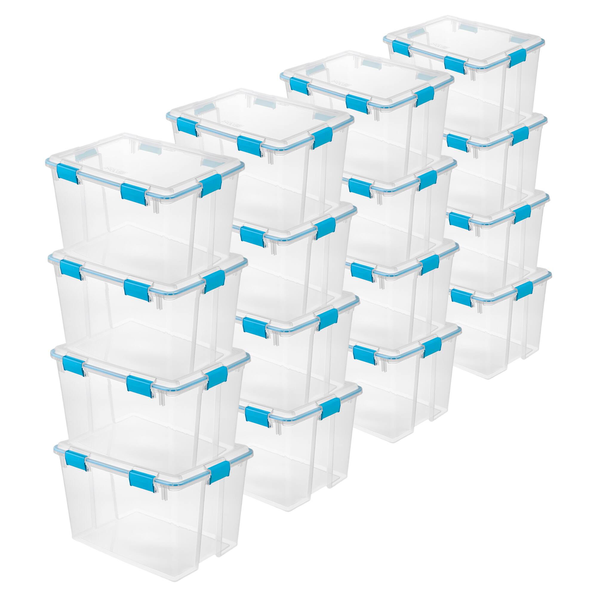 Front. Sterilite - Sterilite 80-Qt Clear Plastic Stackable Storage Bin w/ Gasket Latch Lid, 16 Pack.