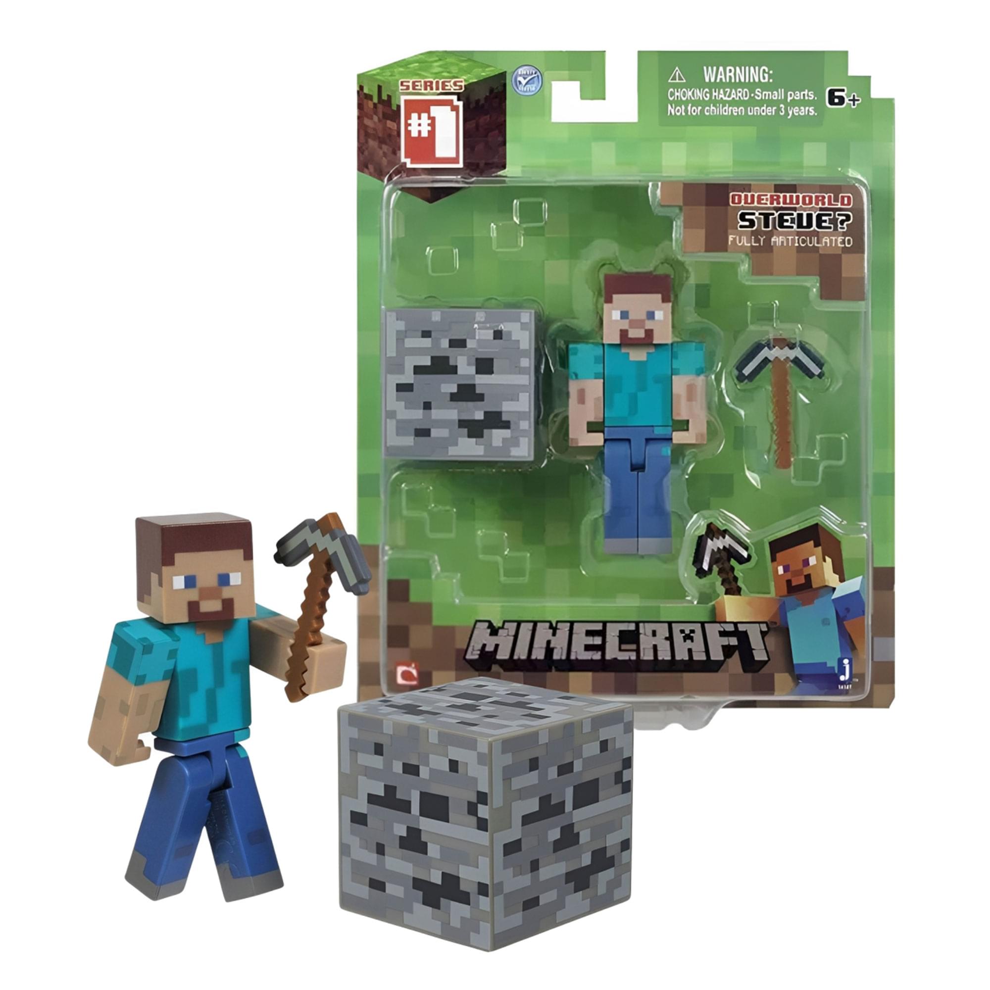 Sure, here is the corrected and grouped text from the image:

---

**SERIES #1**

**WARNING: CHOKING HAZARD - Small parts. Not for children under 3 years.**

**OVERWORLD STEVE? FULLY ARTICULATED**

**MINECRAFT**

---

This text is taken from the packaging of the Minecraft toy.
