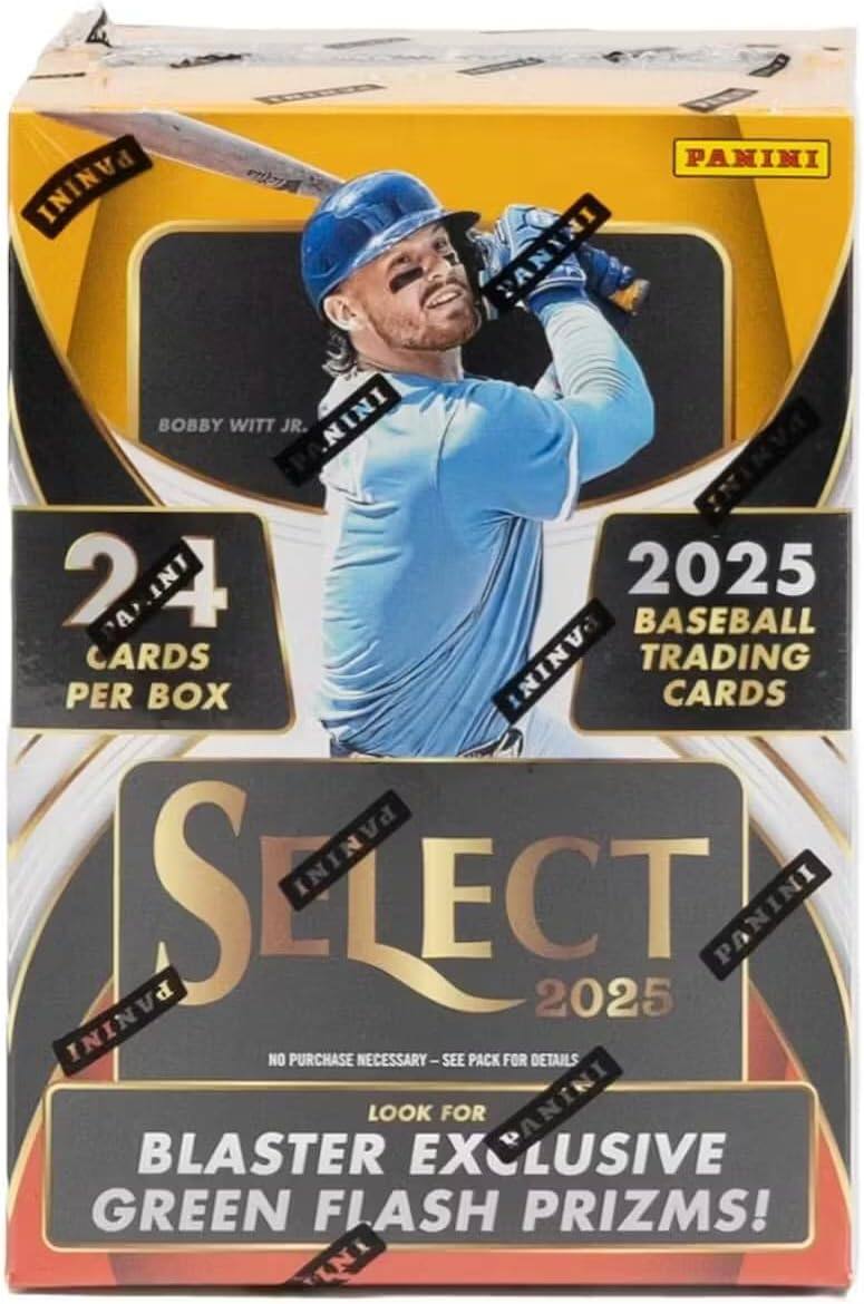 PANINI PANINI PANINI BOBBY WITT JR.  
2025 BASEBALL TRADING CARDS  
24 CARDS PER BOX  
SELECT 2025  
NO PURCHASE NECESSARY - SEE PACK FOR DETAILS  
BLASTER EXCLUSIVE GREEN FLASH PRIZMS!