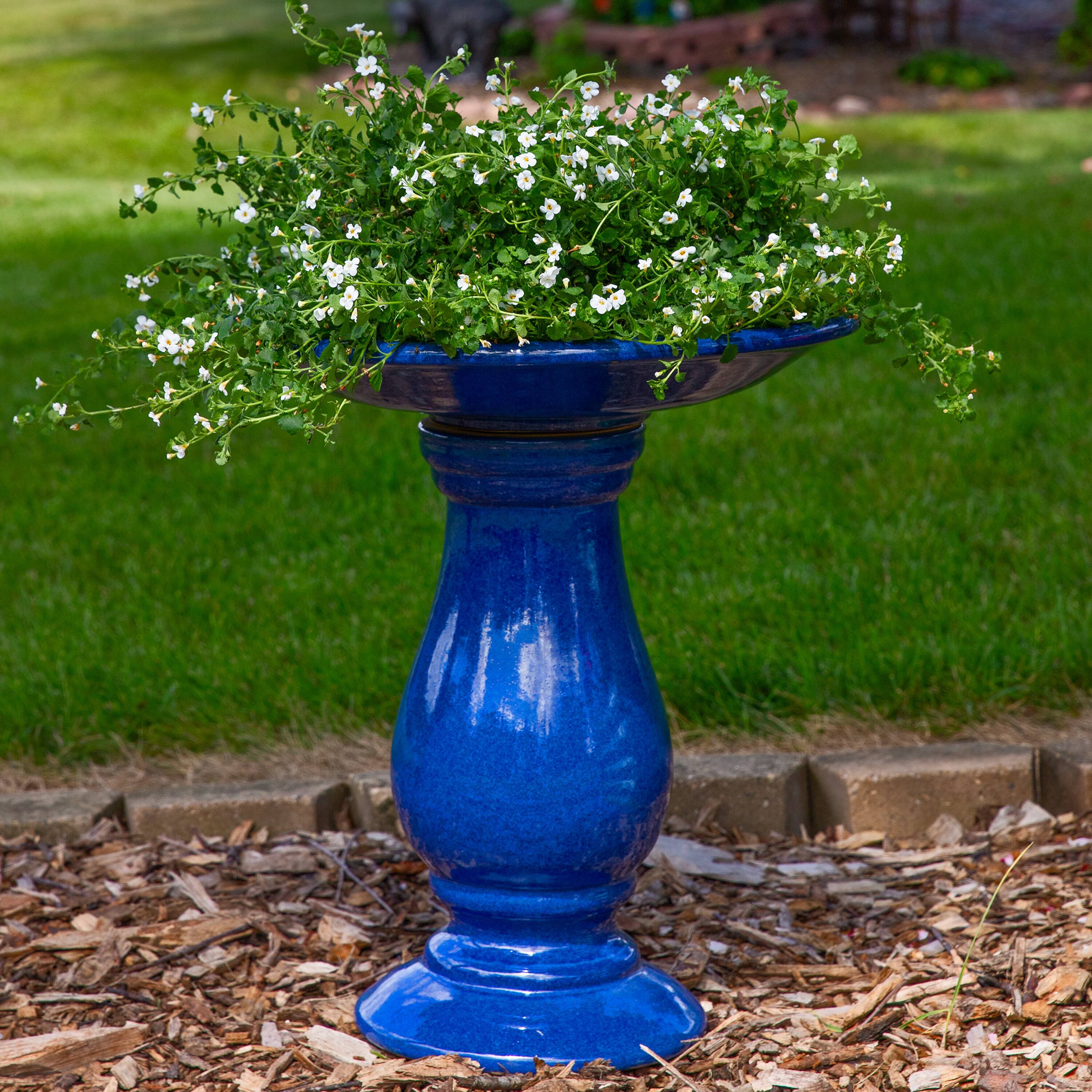 Alt View 5. Sunnydaze - Daisy Embossed Bowl Ceramic Outdoor Bird Bath - 21.5” H - Blue.