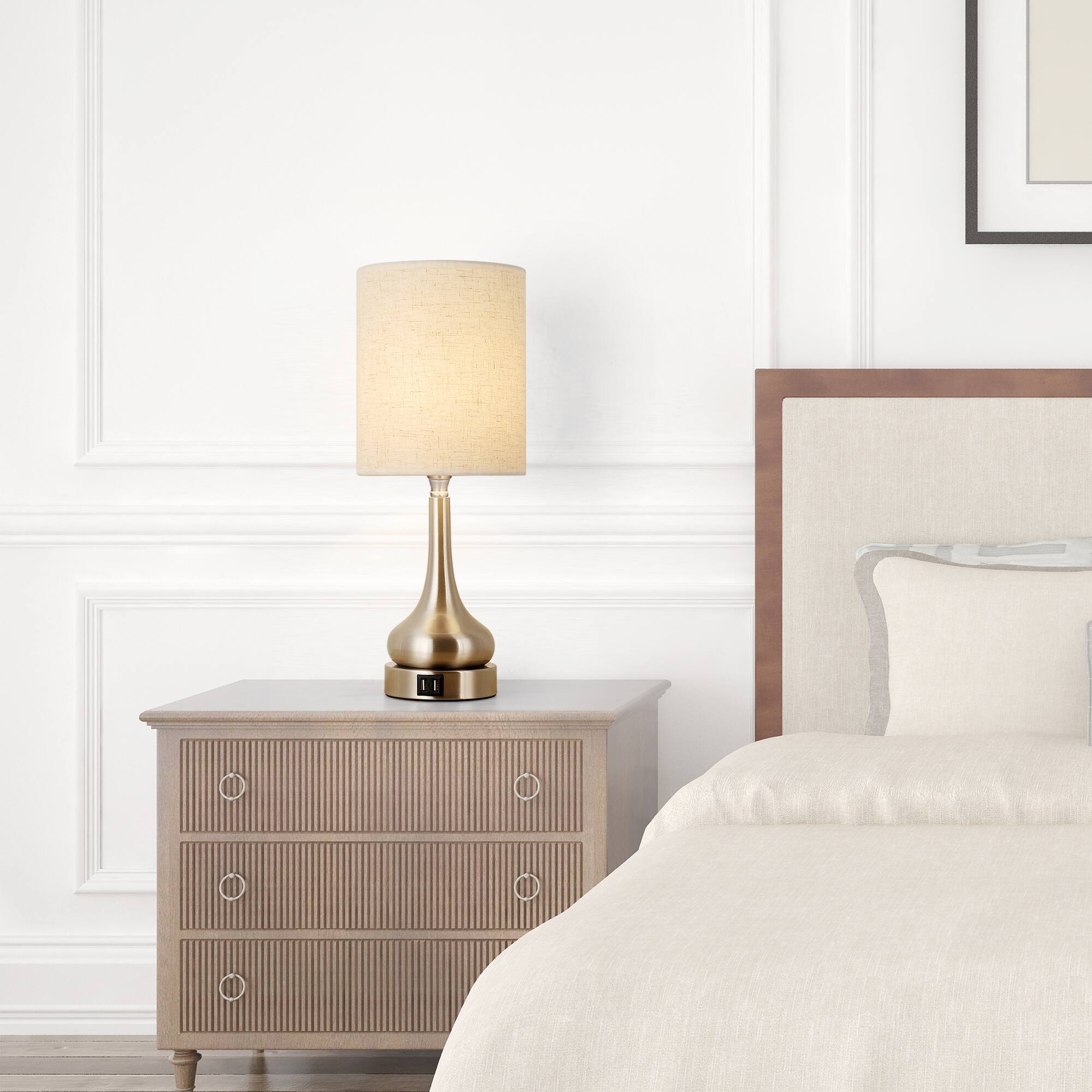 Back. Oumilen - 2-Piece Gourd Table Lamp with Nickel Base, Touch Control, 2 USB Ports and Linen Shade.