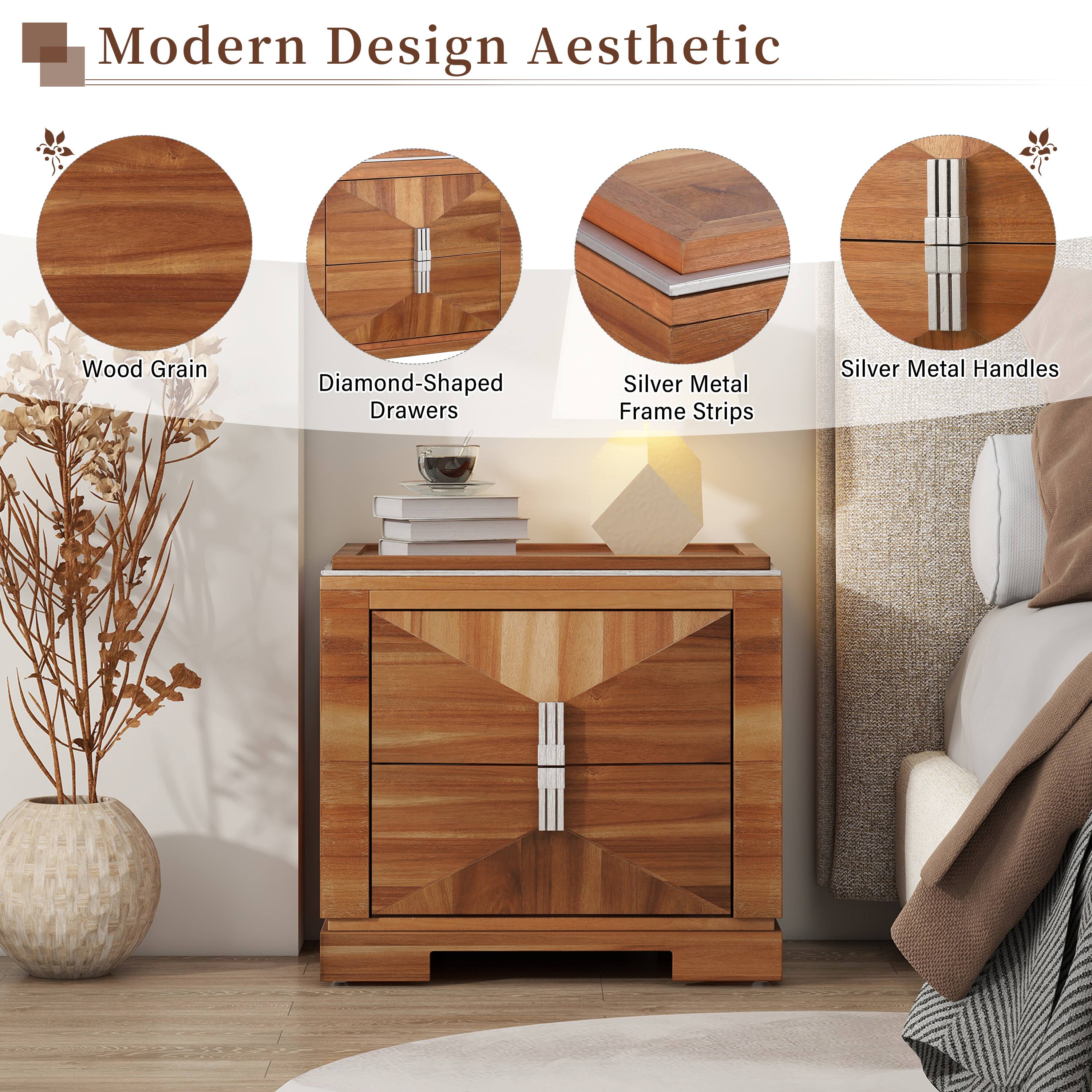 Modern Design Aesthetic  
Wood Grain  
Diamond-Shaped Drawers  
Silver Metal Frame Strips  
Silver Metal Handles