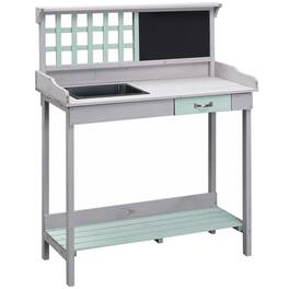 Homcom - Outdoor Wooden Potting Bench Table with Removable Sink, Garden Work Bench with Chalkboard, Drawer, Open Shelf Storage - Dark Gray