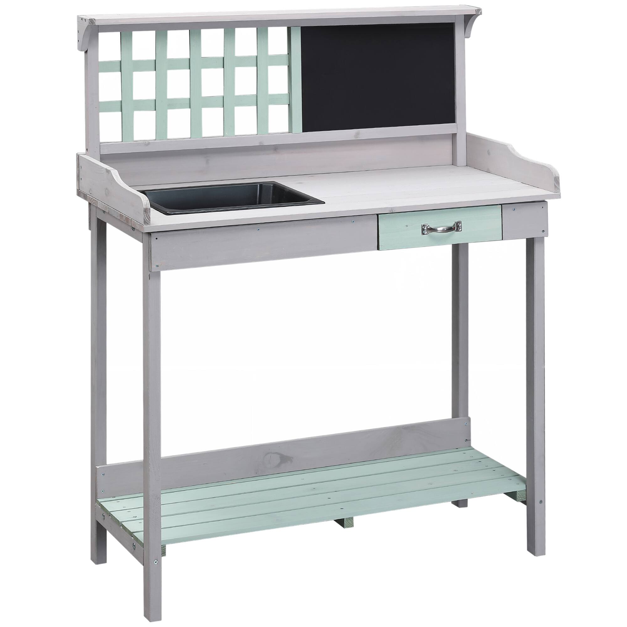 Front. Homcom - Outdoor Wooden Potting Bench Table with Removable Sink, Garden Work Bench with Chalkboard, Drawer, Open Shelf Storage - Dark Grey.