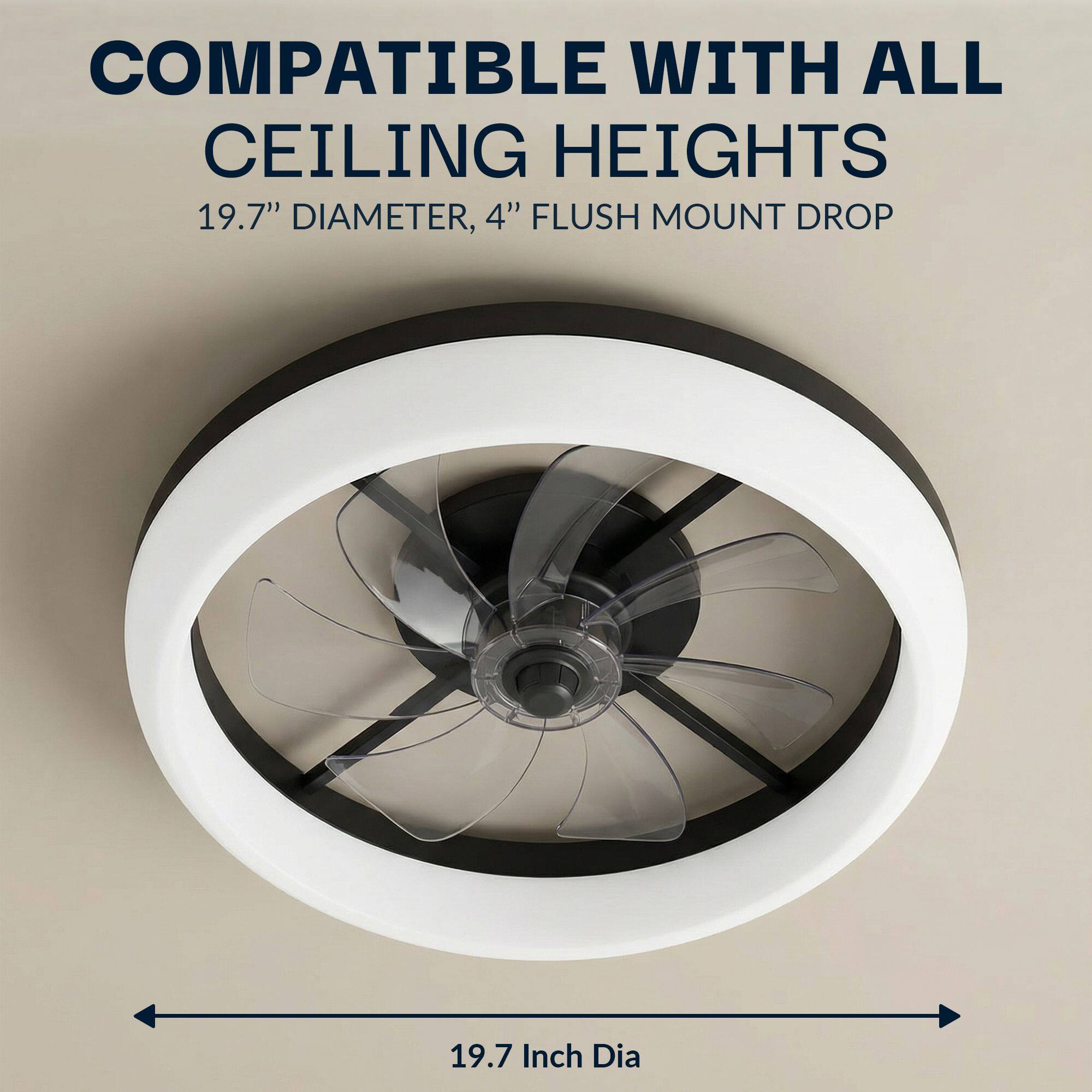 COMPATIBLE WITH ALL CEILING HEIGHTS  
19.7" DIAMETER, 4" FLUSH MOUNT DROP