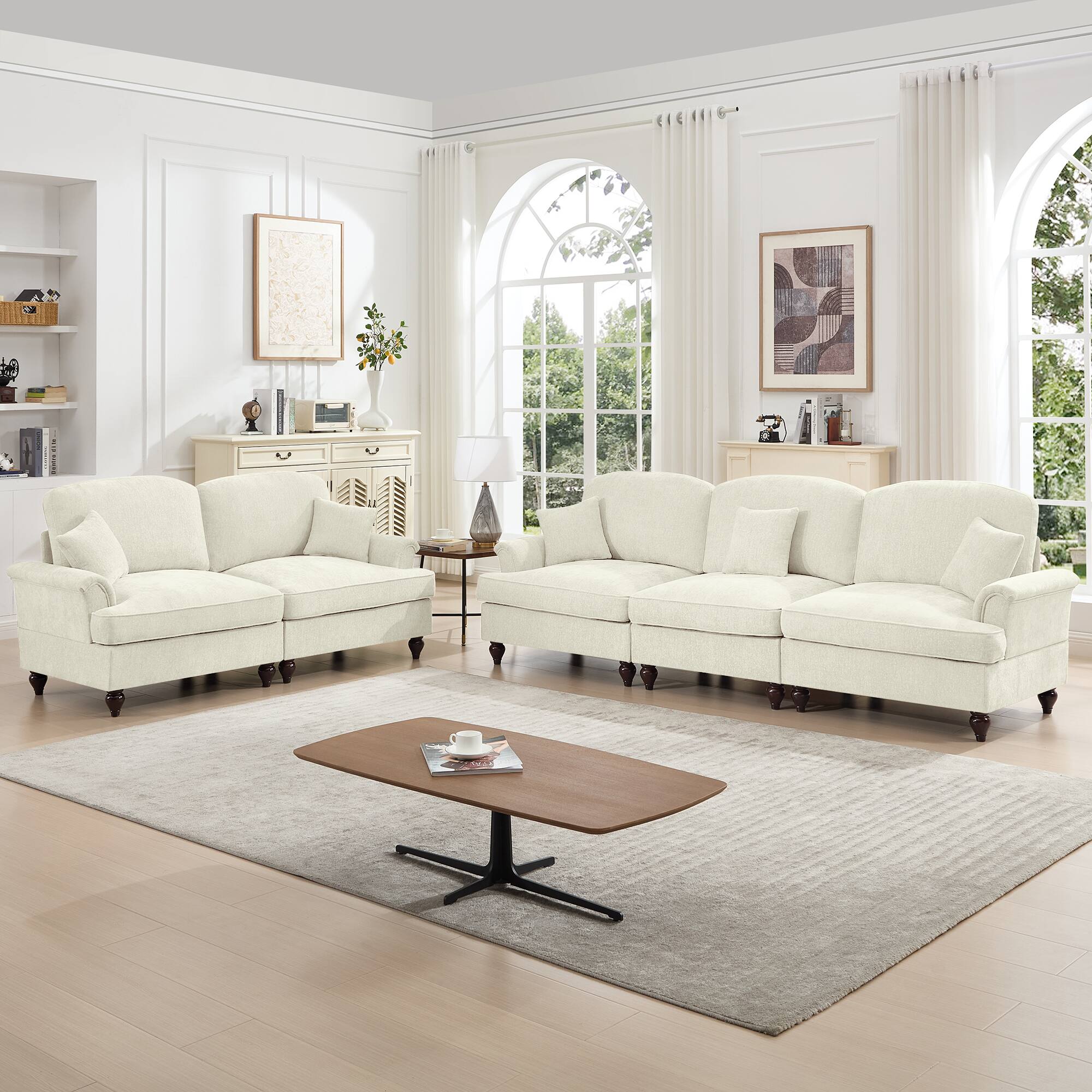 Angle. Anysun - Classic 2-Piece Chenille Sofa Set (3+2 Seat Sofa) - Flared Arms, Ruffled Skirt & Spindle Legs for Living Room - Beige.