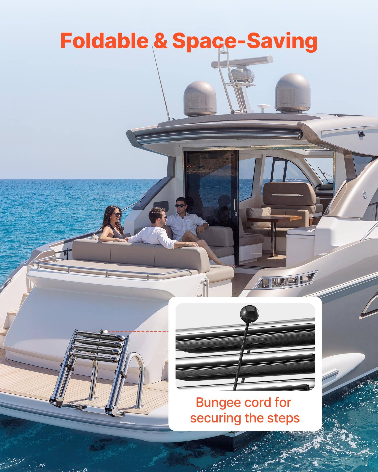 Foldable & Space-Saving  
Bungee cord for securing the steps
