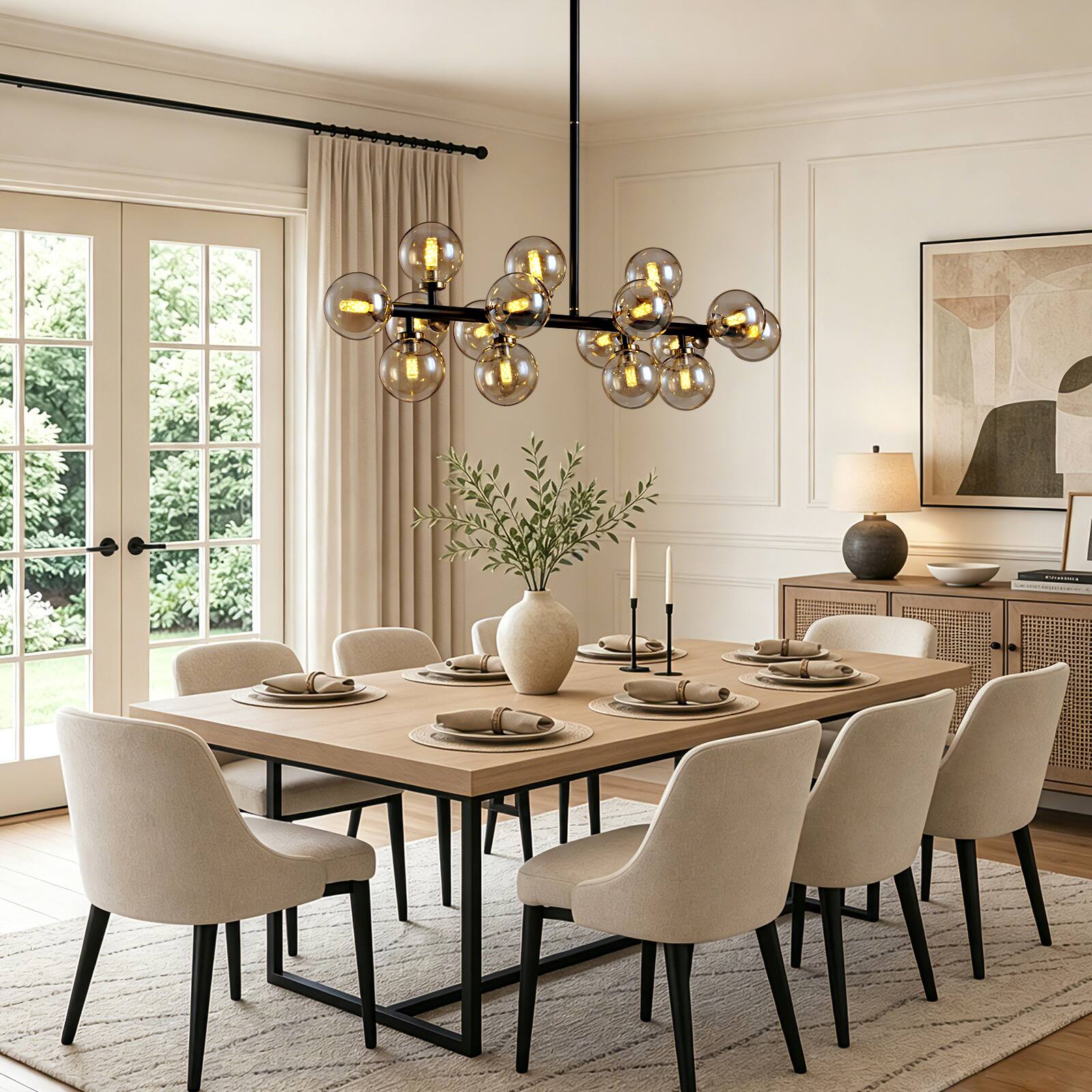 Alt View 1. Siljoy - 39.4In Black Gold 16-Light Linear Sputnik Chandelier Adjustable Amber Glass Pendant for Dining Kitchen Living Room - amber.