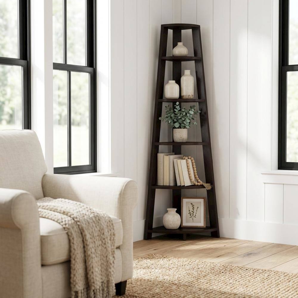 Alt View 2. FurniFact - Espresso 5-Tier Corner Bookshelf - Contemporary Style - Espresso.