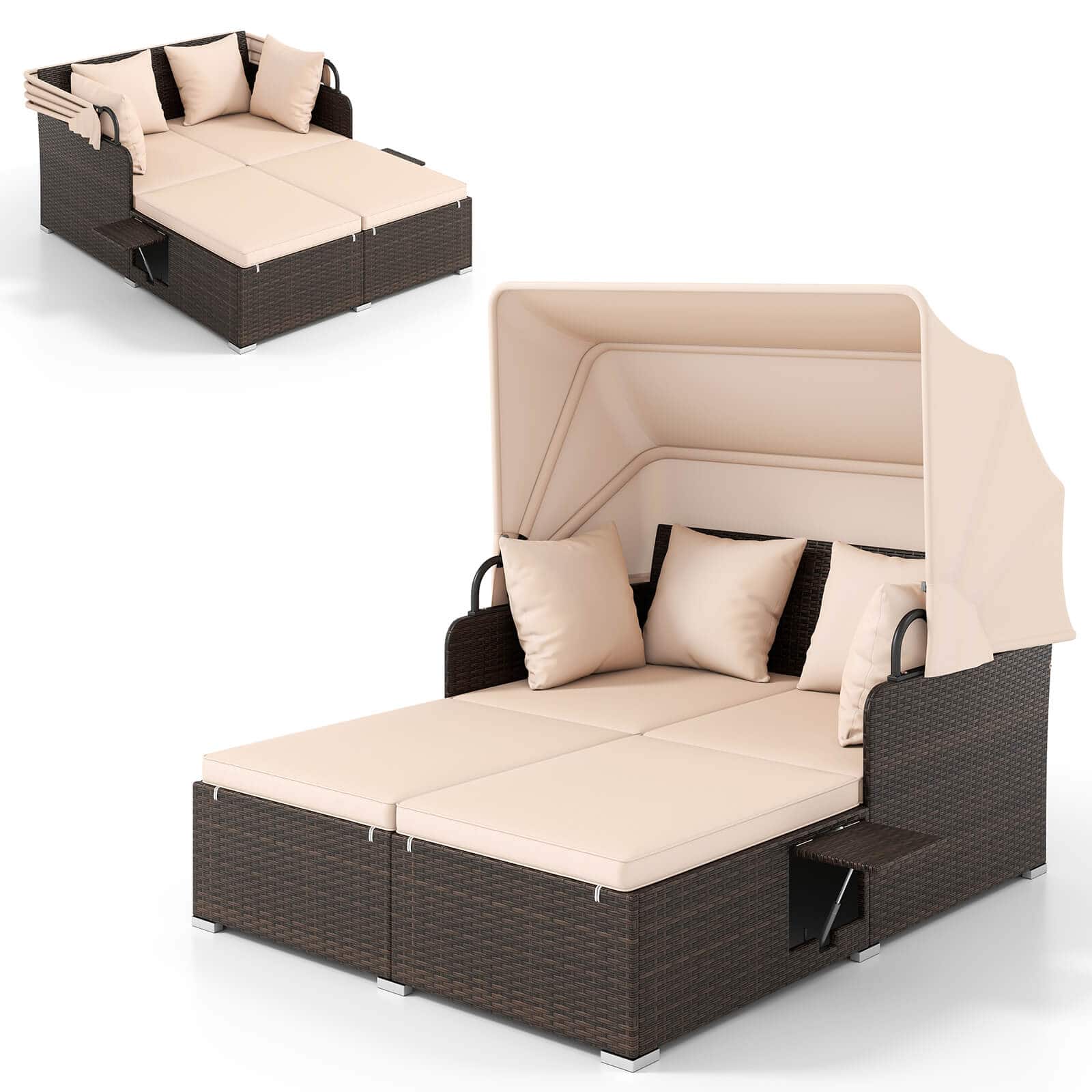 Photos - Garden Furniture Costway  Patio Rattan Daybed Lounge Retractable Top Canopy Side Tables Cushions - Mix Brown + Beige HCST12461 