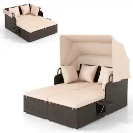 Costway - Patio Rattan Daybed Lounge Retractable Top Canopy Side Tables Cushions - Mix Brown + Beige