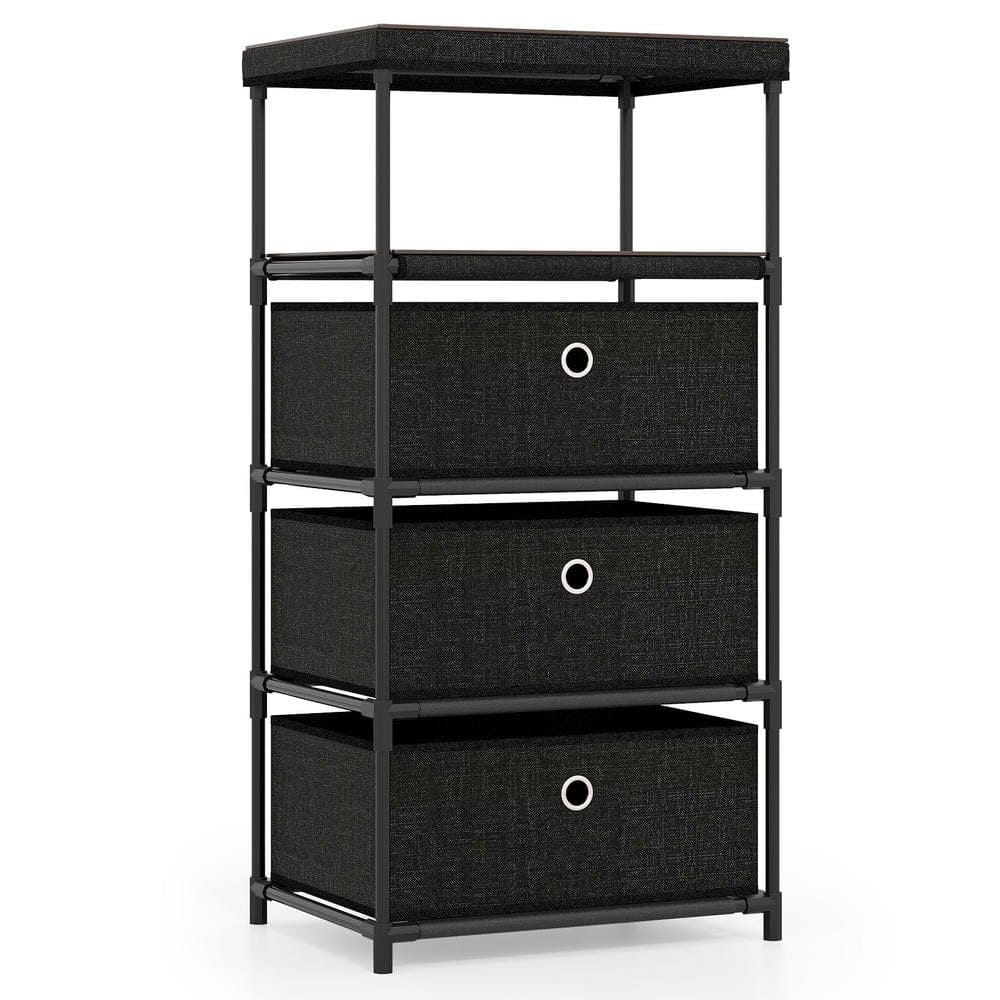 Kadyn - 3-Drawer Fabric Storage Tower - Wood Top + Sturdy Metal Frame, Compact Dresser for Space-Saving Storage - Black