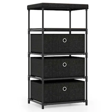 Front. Kadyn - 3-Drawer Fabric Storage Tower - Wood Top + Sturdy Metal Frame, Compact Dresser for Space-Saving Storage - Black.
