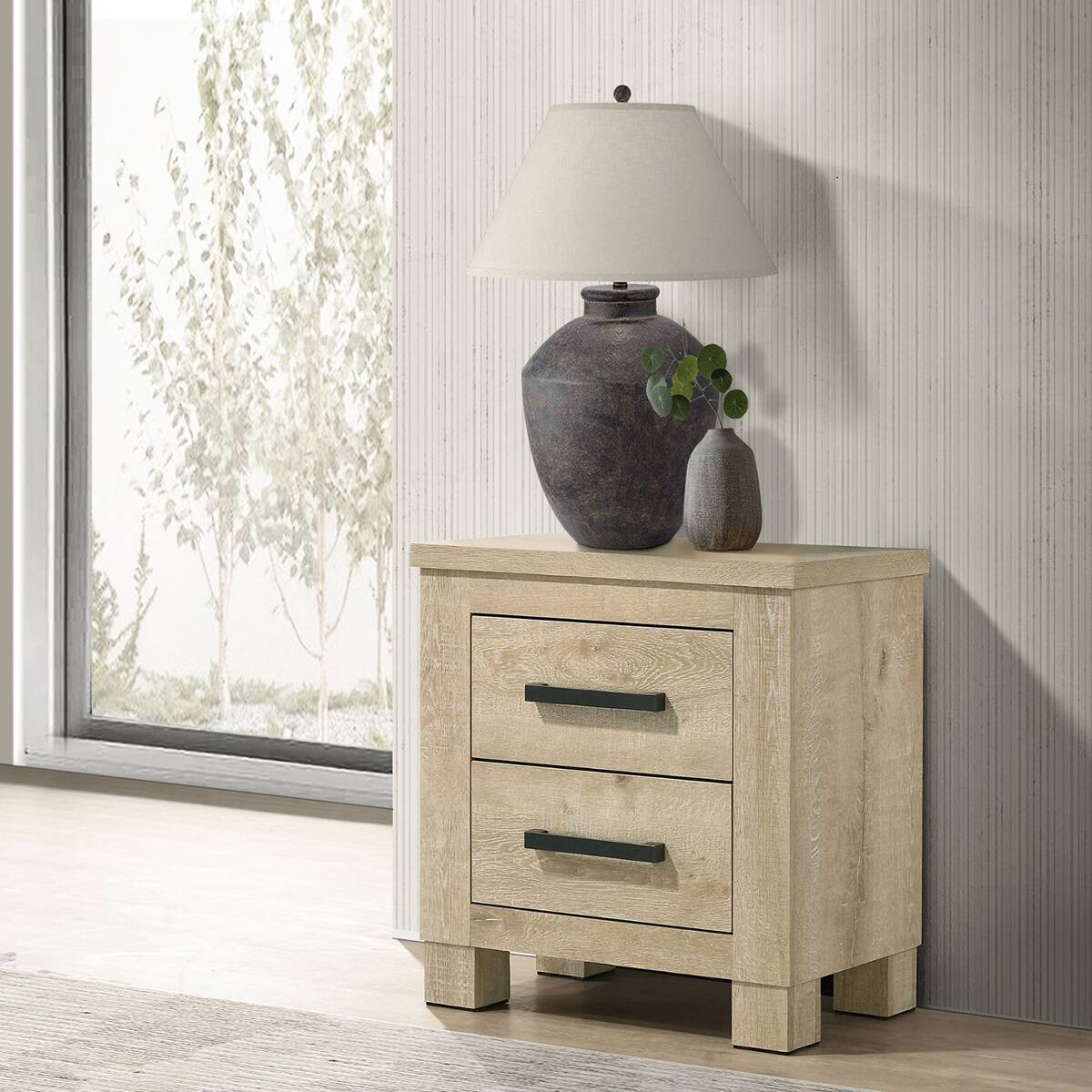 Front. Loheer - Loheer Weathered Oak Two Drawer Nightstand, Modern Farmhouse Bedside Table - Weathered Oak.